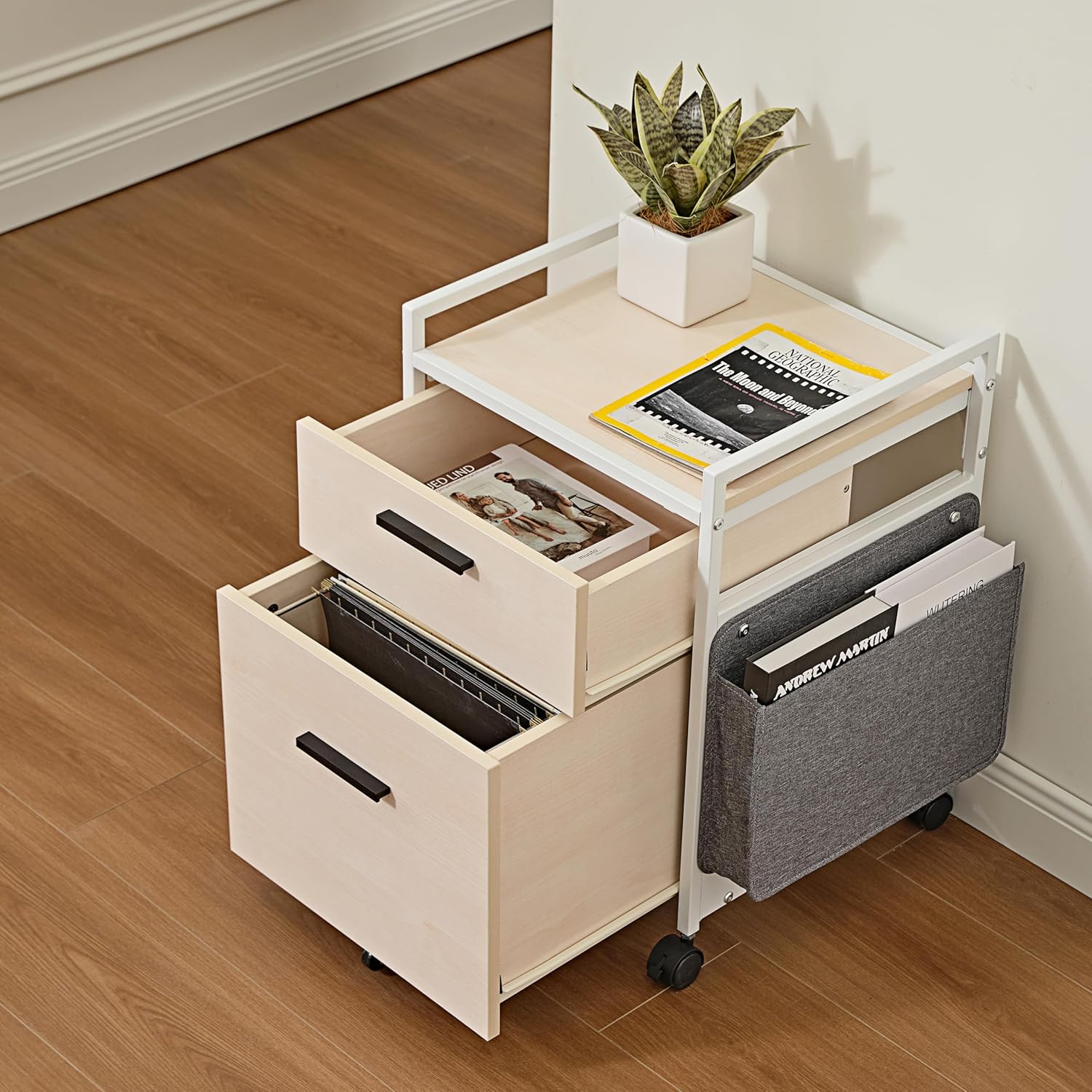 EUREKA ERGONOMIC 2-Drawer Mobile File Cabinet with Wheels, Solid Wood Rolling Storage Cabinet for Home Office, Space-Saving Under Desk Organization with Printer Stand,White