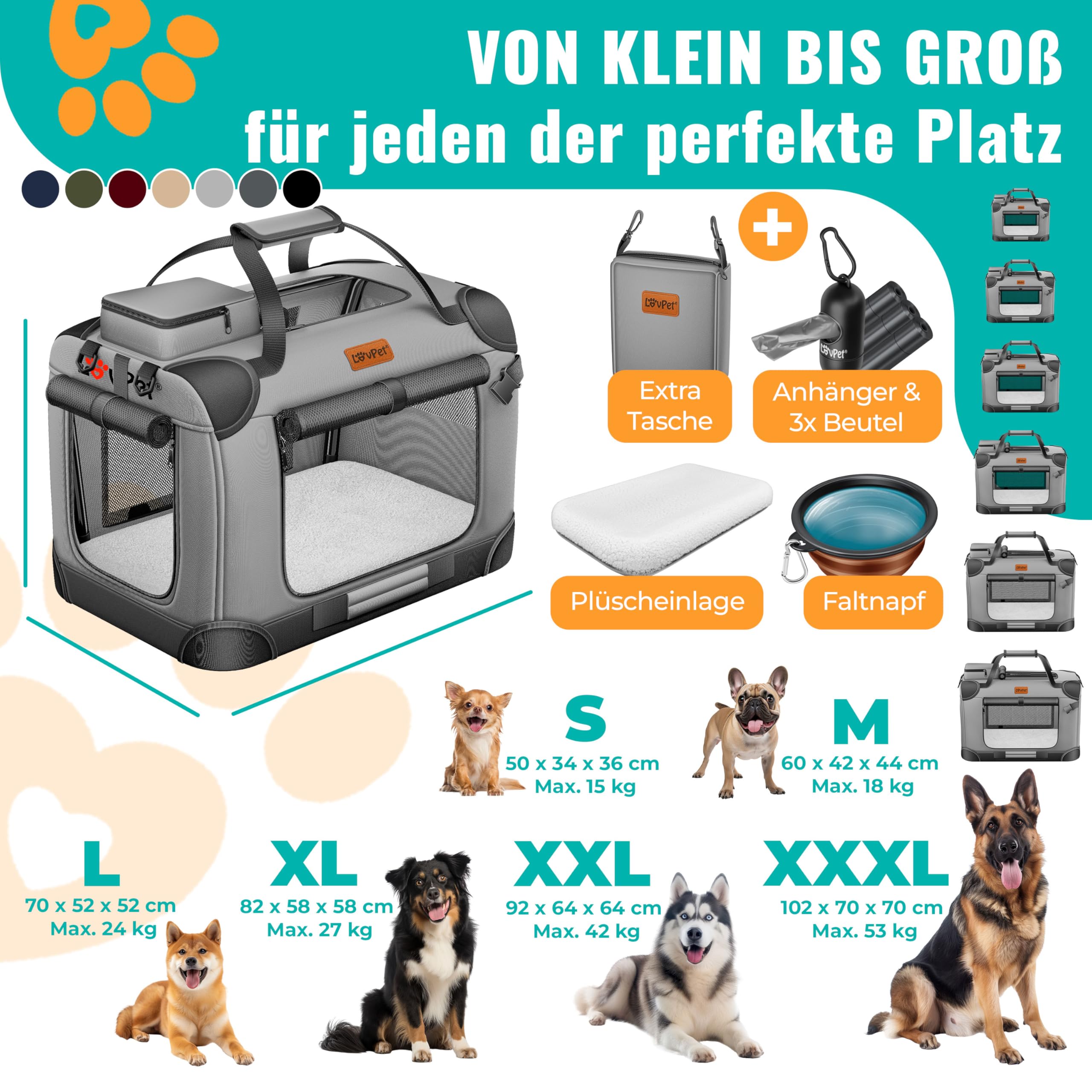 LOVPET® Trasportino per Cani - Box per Cani Pieghevole incl. Borsa per Il Trasporto e Ciotola - Cani e Gatti - casetta per Il Trasporto di Animali Domestici, Grigio chiaro, XXL