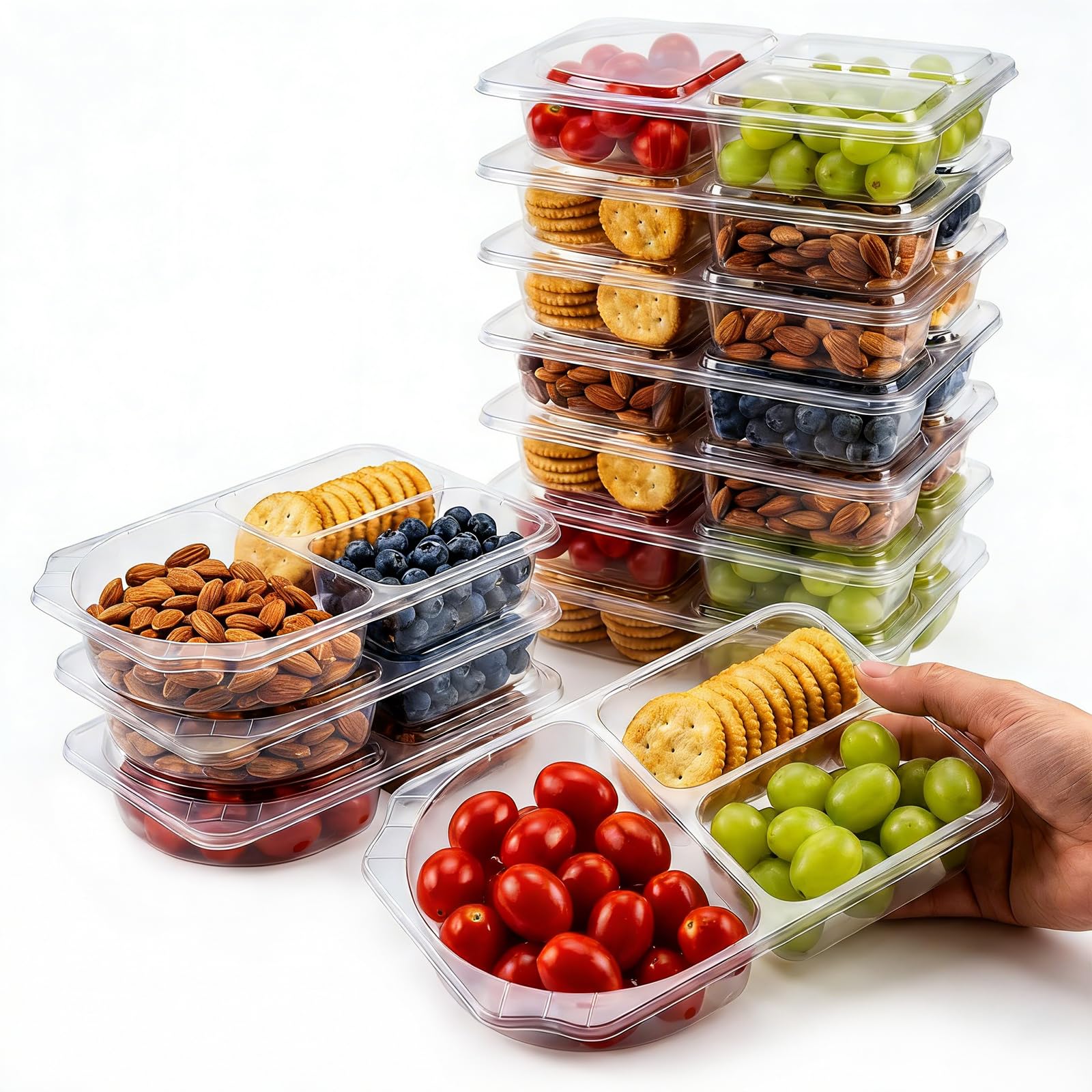 Woobroo 20 Pack Reusable Snack Containers with Lids - 9oz (260ml) 3-Compartment Divided Containers for School & Days Out