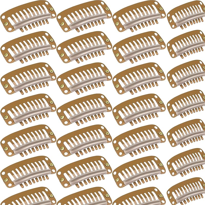 WILLBOND 30 Pcs Wig Clips Hair Extensions, 9-Teeth 32 Mm, Light Brown | Snap Clips with Comb for Secure Hold, Wig Making and Extension Install, U-shape for Easy Attachment, Salon Accessories