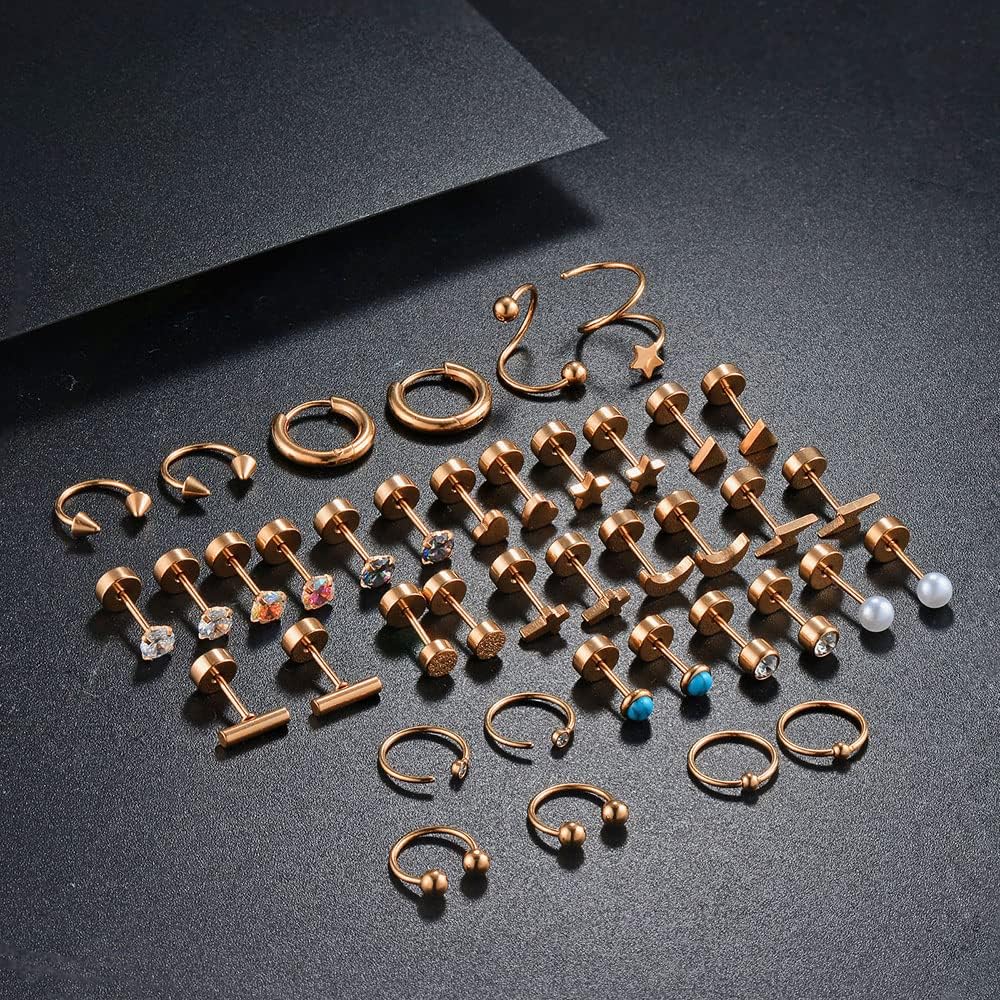 38Pcs Stainless Steel Earrings Set for Women Men 14K Gold Plated Small Flat Back Stud Earrings Hoop Earrings Women Men Hypoallergenic Cubic Zirconia Earrings Cartilage Earrings Rook Daith Tragues Lobe Conch Septum Piercing Jewelry - Image 6