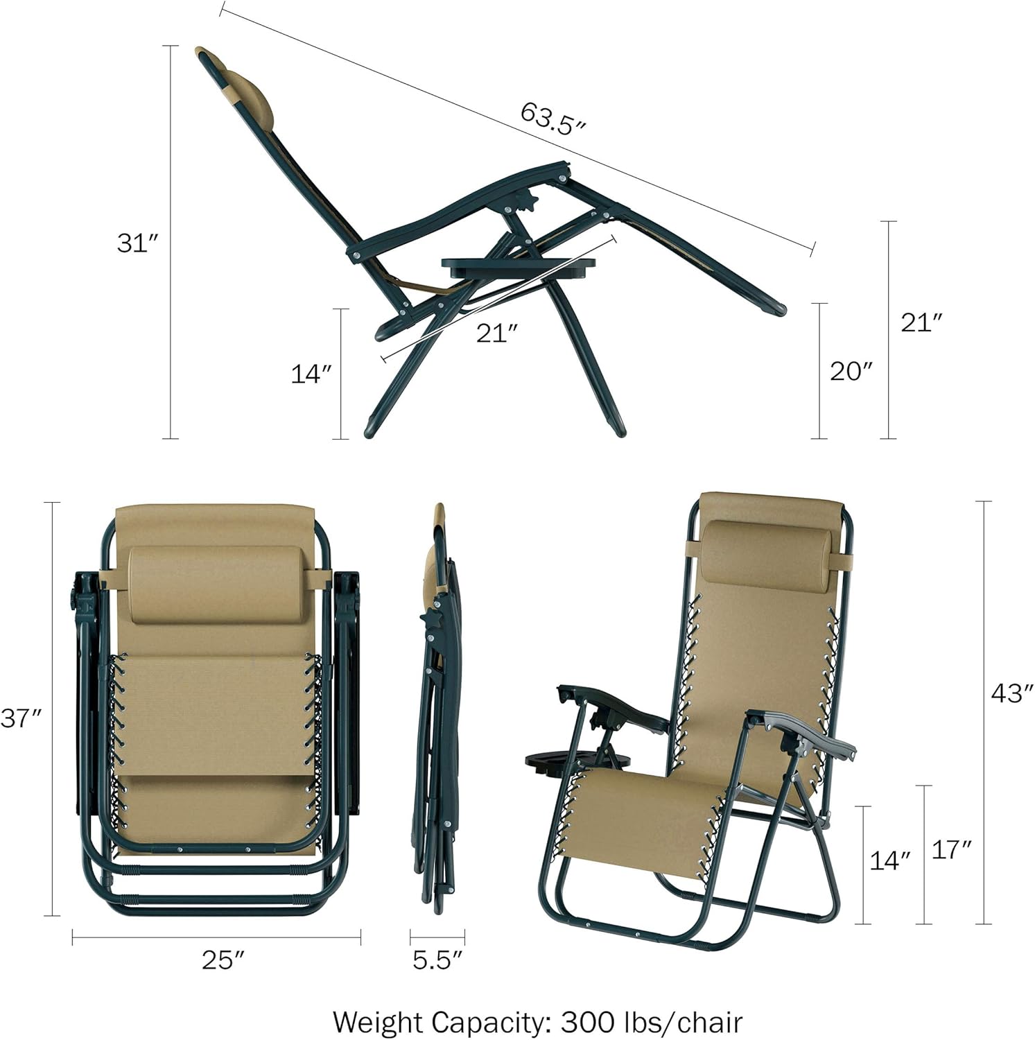 Lavish Home Zero Gravity Chairs - Set of 2 Outdoor Chairs with Side Tables with 2 Cupholders, Phone, and Tablet Holder and Chair Pillow (Beige)