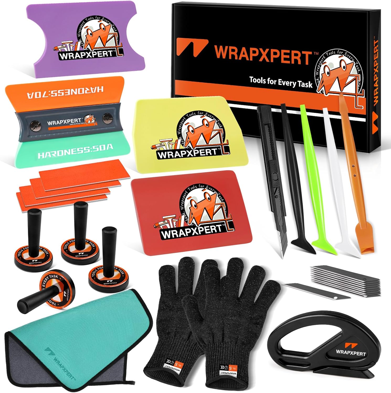 WRAPXPERT Car Wrap Tool Kit Vehicle Vinyl Wrap Kits Include Felt Squeegee for Vinyl, Wrapping Knife, Micro Squeegee, Magnet Holders, Towel, Gloves for Car Wrapping Window Film Application
