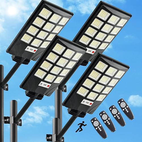 4 unids 600 W 30000 LM Luces de calle solares impermeables al aire libre Luces de calle solares para estacionamiento exterior 192 5730LEDs del