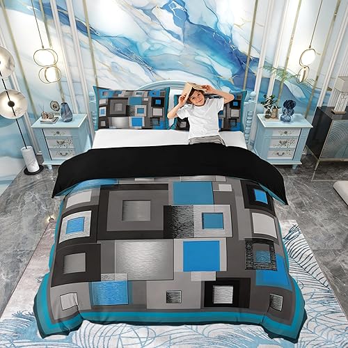 Miniatura 51 de Funda de edredón abstracta de color negro y morado, tamaño Queen, funda de edredón de geometría moderna con 2 fundas de almohada para adolescentes