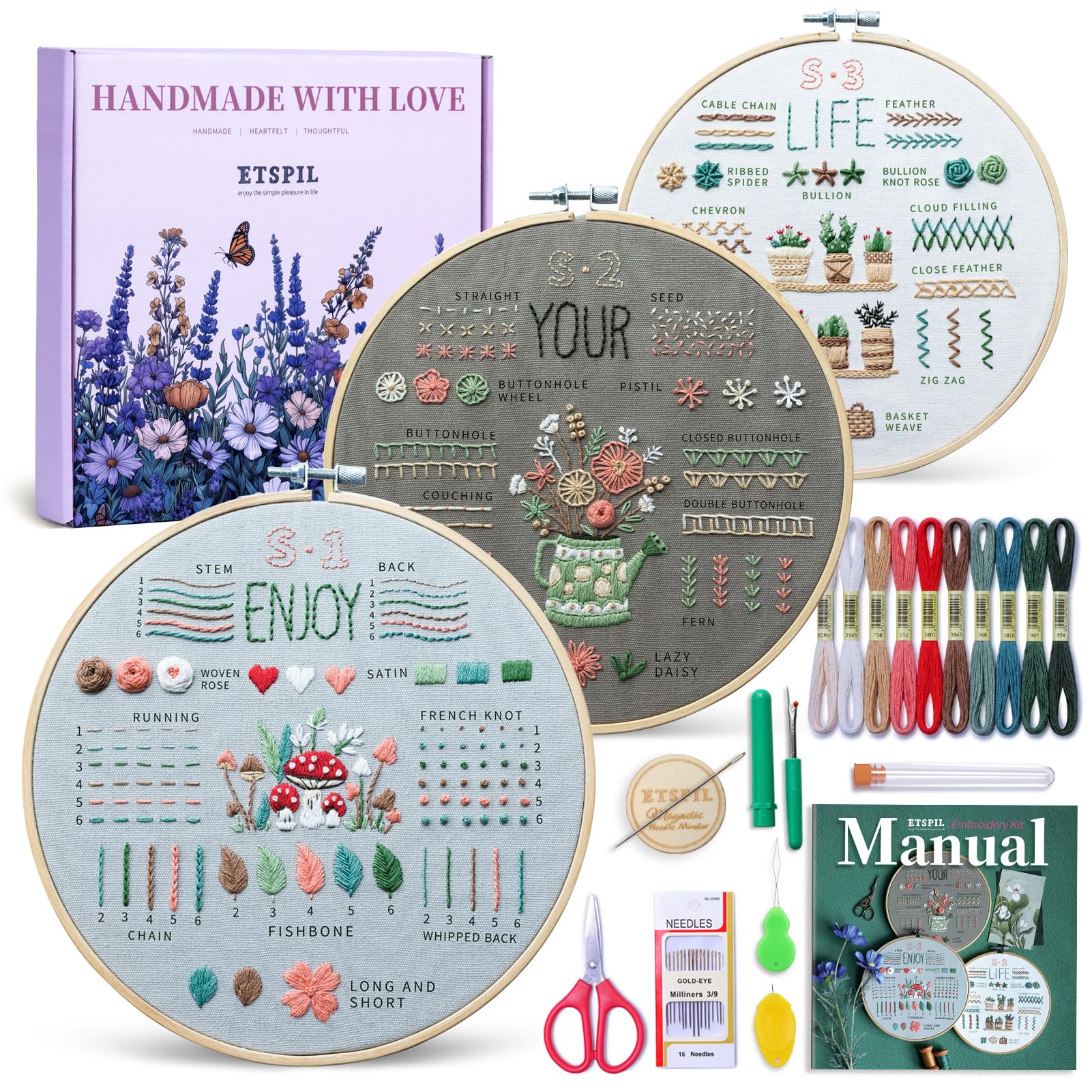 ETSPIL Embroidery Kit for Adult Beginners, 3-Pack 33-Stitch Practice Samplers, Pre-Stamped Patterns, 7.8-Inch Hoop, Threads & Needles, Step-by-Step Guide & Video, DIY Needlework Craft Gift for Women