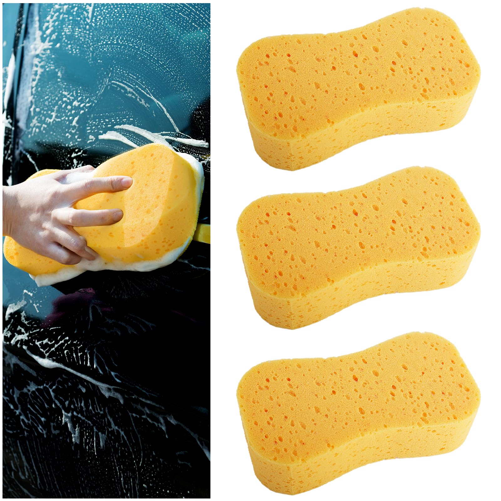 Hiahxc Yellow Jumbo Car Wash Sponge 3 Pack, Large Super Absorbent Sponge For Car Cleaning With Anti-Scratch Technology - Wheels, Windscreen & Bodywork, Thick Foam Reusable Vehicle Washing Sponges