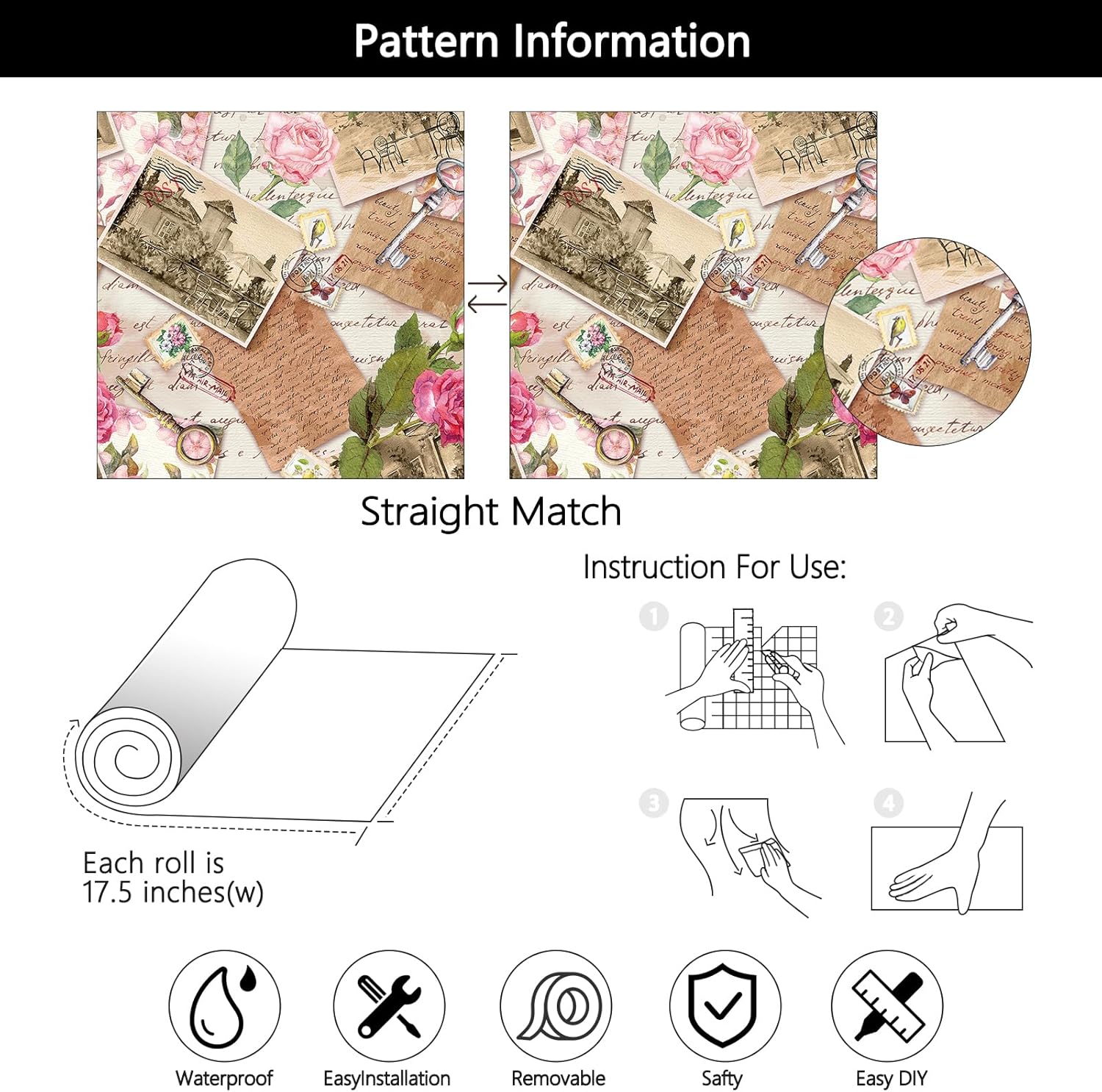 YENHOME French Country Watercolor Wallpaper 17.5"X276" Retro Ephemera Peel and Stick Wallpaper Pink Floral Vintage Postcard & Key Self-Adhesive Contact Paper for Living Room Bedroom Accent Wall