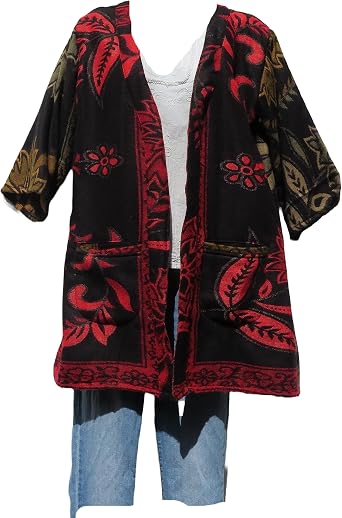 Kimono Jacket | Flora Design | Boho | 60s | Designer | 3/4 Sleeve | Handloomed | Yak+Sheep Wool Blend | Black & Red | M > L