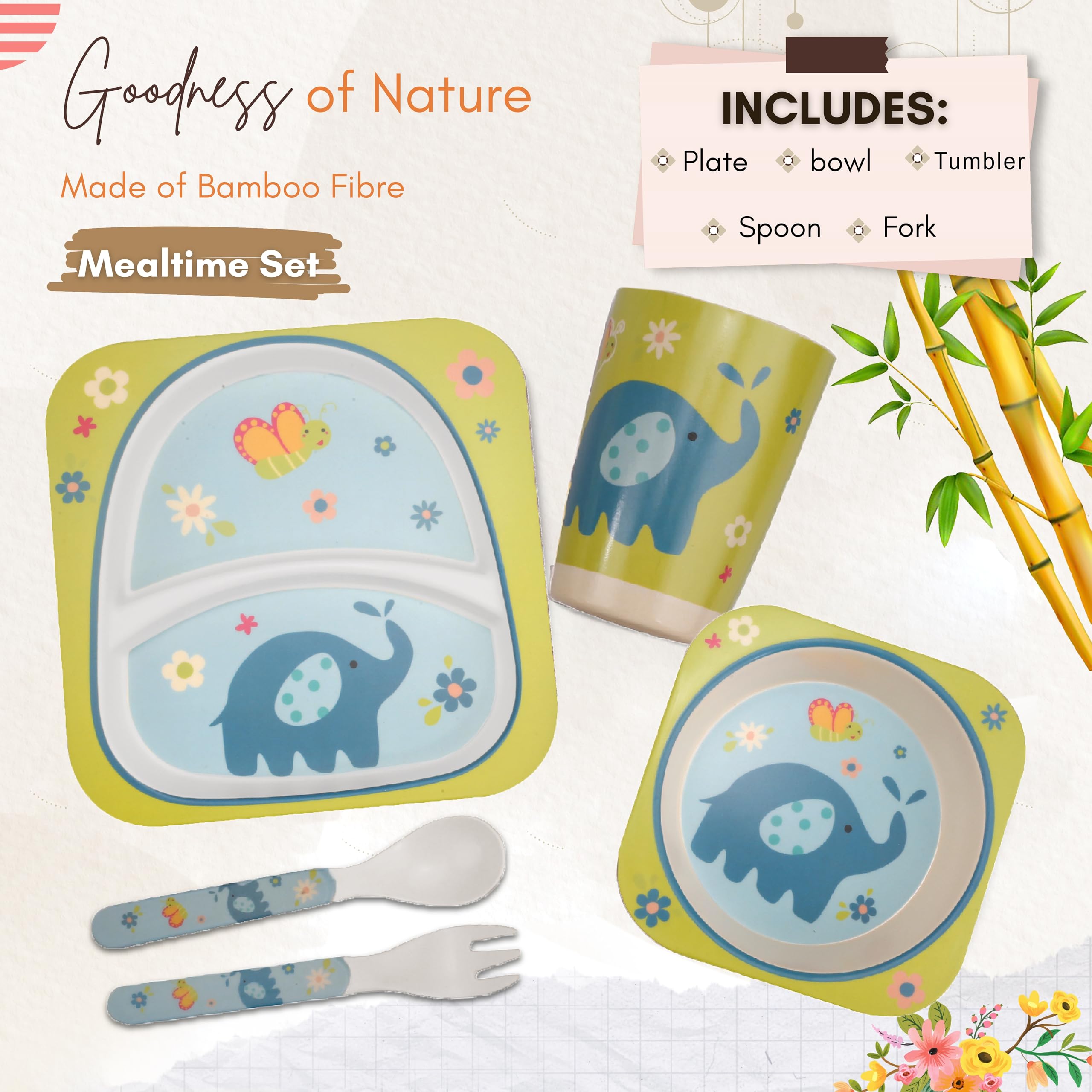 Tony Stark Bamboo Baby Feeding Set - 5-Piece Tableware for Toddlers, Kids & Babies Includes Plate, Bowl  , Cup, Spoon, Fork - BPA-Free, Unbreakable Eco-Friendly |Organic & Natural (Elephant) - Image 2 thumbnail