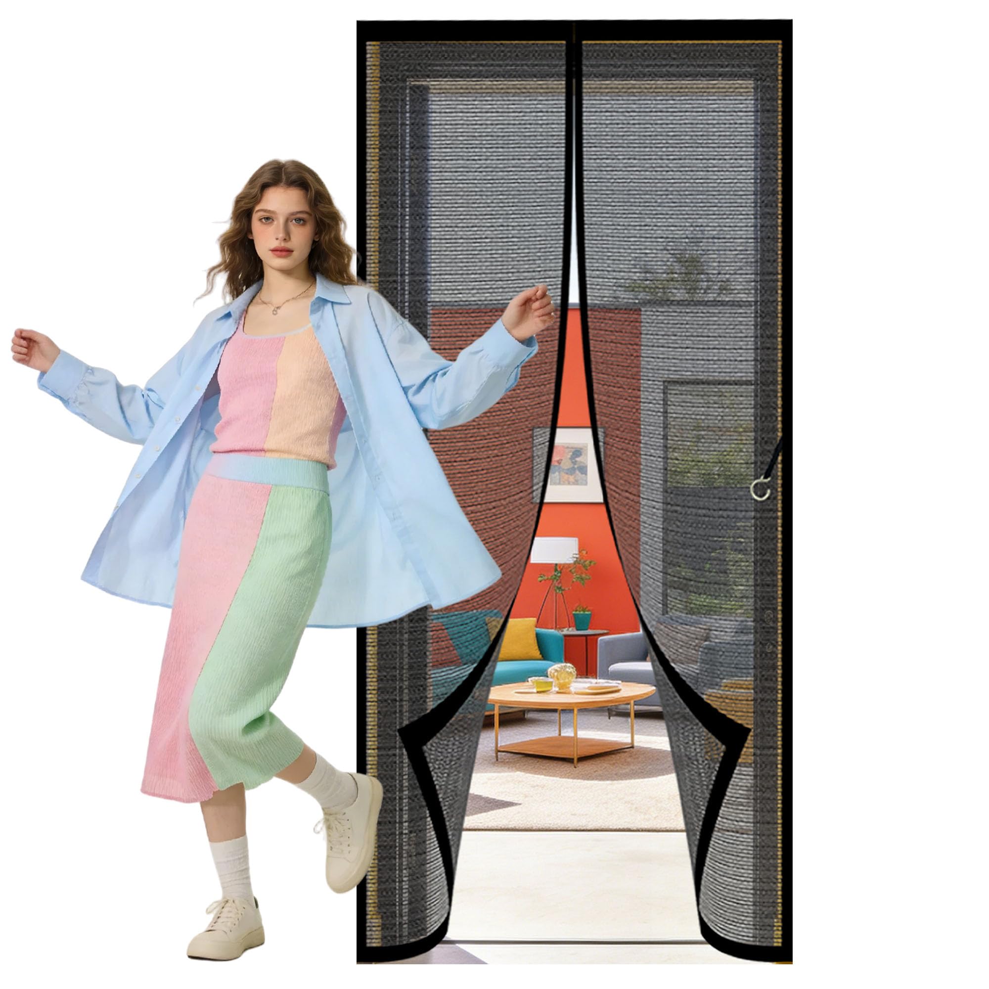Magnetic Door Screen 107 x 215 cm No Drill Installation Magnetic Fly Curtain Powerful Magnets and Full Frame Magic Tape for Living Room, Bedroom, Patio, Black