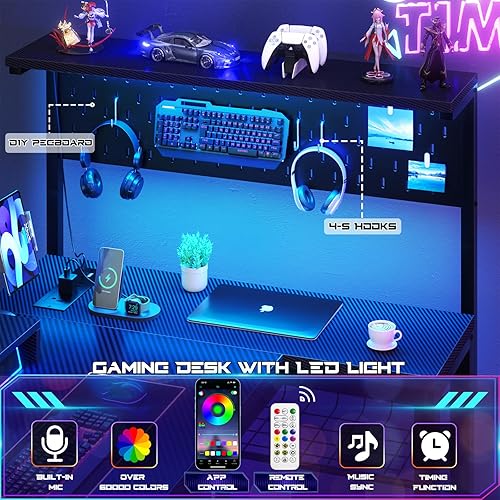 Miniatura 6 de Homieasy Escritorio pequeño para juegos con tomas de corriente, tablero de clavijas, luz LED, escritorio de computadora en forma de L de 43 pulgadas