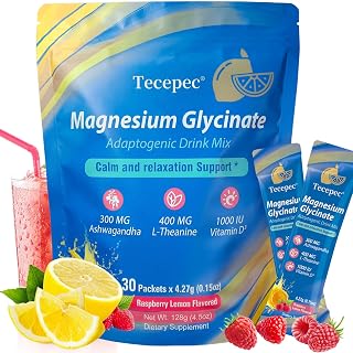 Powdered Drink Mix with Magnesium Glycinate, L-Theanine, Ashwagandha & Vitamin D3, Adaptogenic Cortisol Supplement for Relaxation and Calm Support, Raspberry Lemonade, 30 Packets