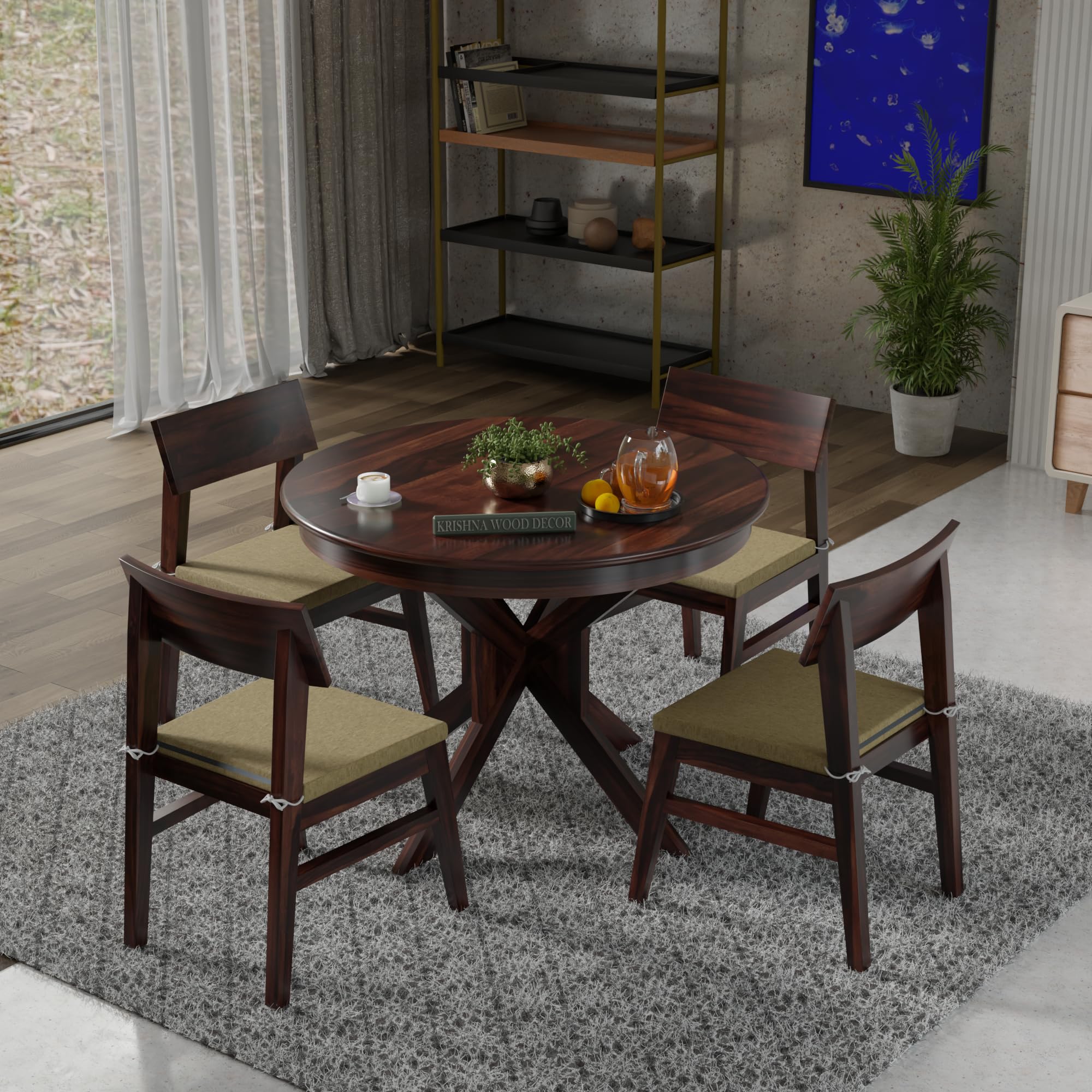 Solid Sheesham Wood 4 Seater Round Dining Table Set with 4 Cream Cushioned Chairs | Wooden Dining Table Set for Home, Kitchen, Dining Room & Restaurant | Dining Table Set 4 Seater | Walnut Finish