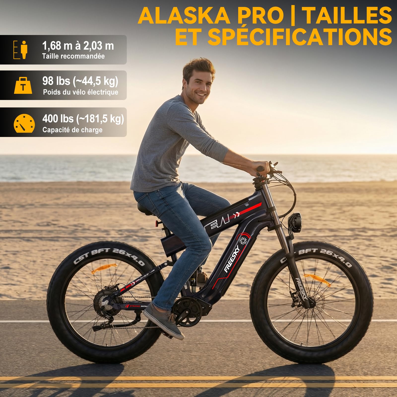 FREESKY Alaska Pro Vélo électrique, 48V 41Ah Double Batterie Amovible, 26" VTT électrique Adulte Velo electrique Freins Hydrauliques Suspension, 140-250km Autonomie, Écran LCD, 7 Vitesses, 25KM/H 250W