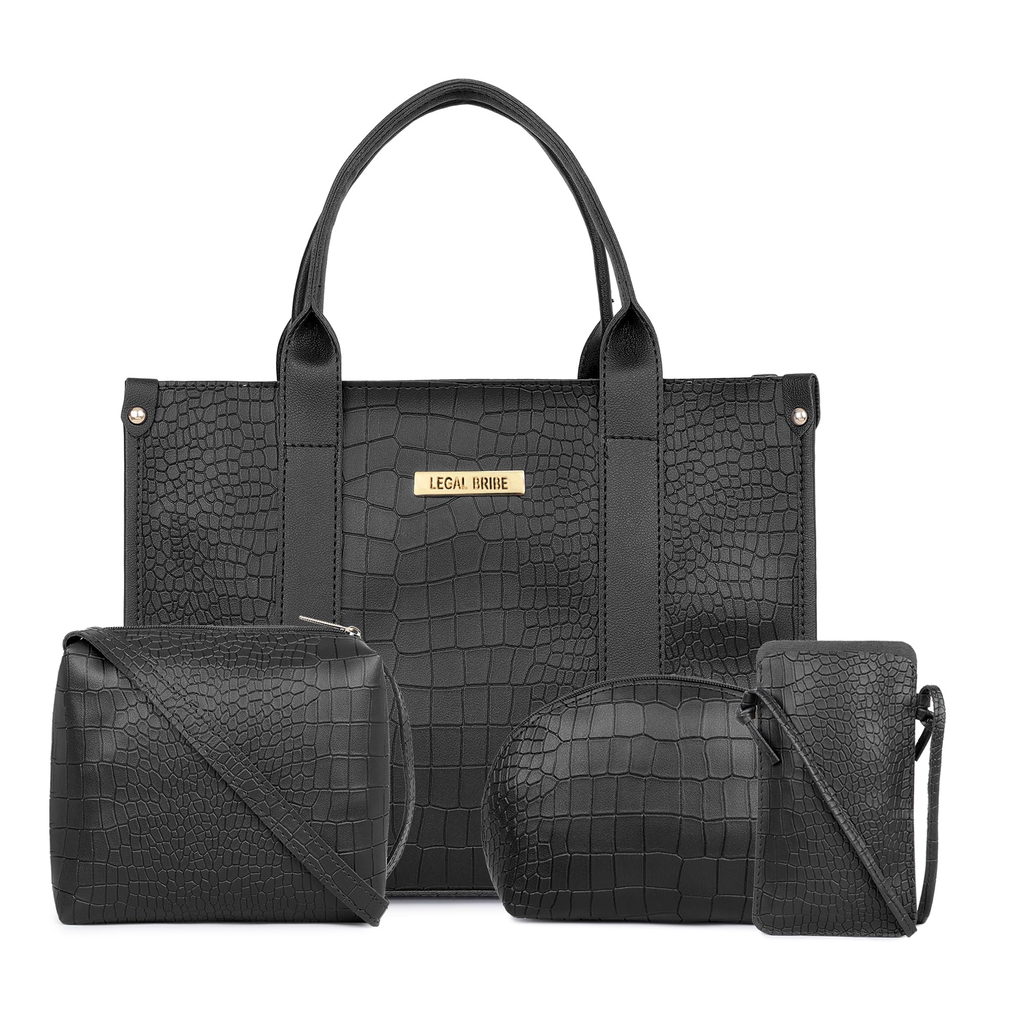 LEGAL BRIBE Womens Front Strap Crock Tote Bag Combo of 4 (Black) (B0CTX437Z6) Amazon Price History, Amazon Price Tracker