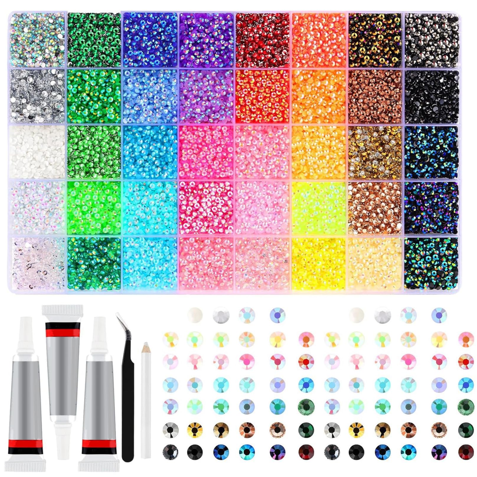 Kit Bedazzled, Kit abbagliante di strass in resina da 32000 pezzi con colla da 3 pezzi da 10 ml, strass colorati da 0, 3 cm Bedazzler per abiti artigianali, tazze, scarpe, nail art in tessuto, 40 colo