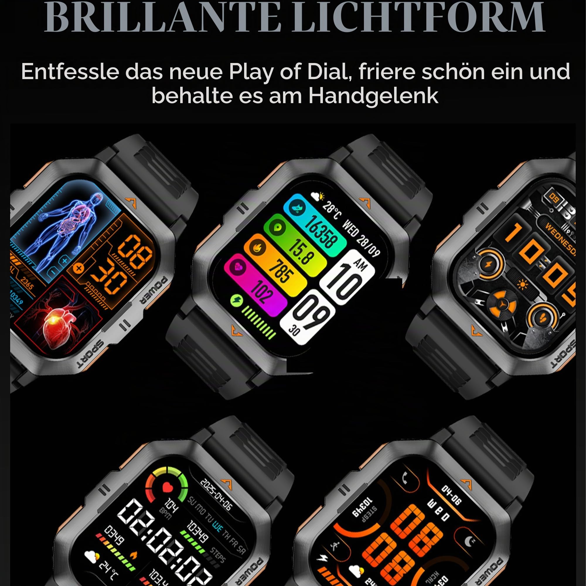 2,01" AMOLED Smartwatch Herren mit Telefonfunktion, 430mAh Batterie, Sportuhr mit Bluetooth Anrufe Fitnessuhr mit Schlafmonitor Schrittzähler, 5ATM Wasserdicht Smart Watch für iOS Android (Schwarz)