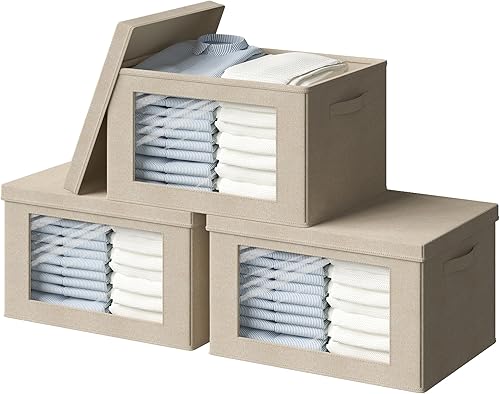 Contenedores de almacenamiento con tapas, cajas de almacenamiento de tela transparente para ventana, cestas de almacenamiento plegables con asas,