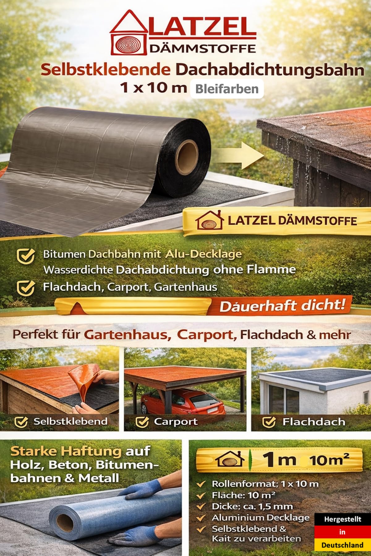 Selbstklebende Dachabdichtungsbahn 1 x 10 m Bleifarben – Bitumen Dachbahn mit Aluminium-Decklage – wasserdichte Dachabdichtung ohne Flamme – für Carport, Gartenhaus & Flachdach Rolle 10 m²
