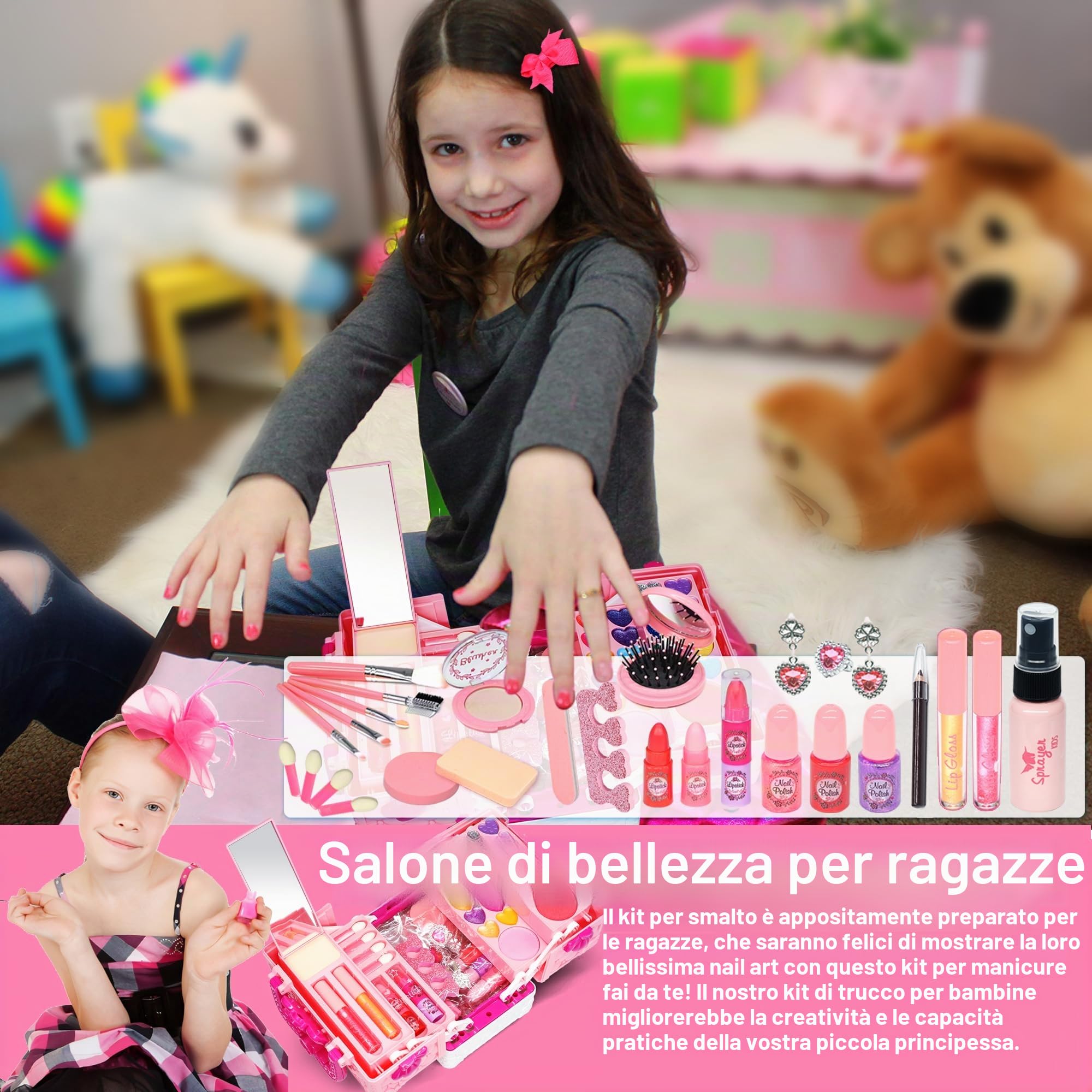 Set di trucchi per bambine e ragazze, 54 pezzi, lavabile e sicuro, principessa 4-12, regalo Natale