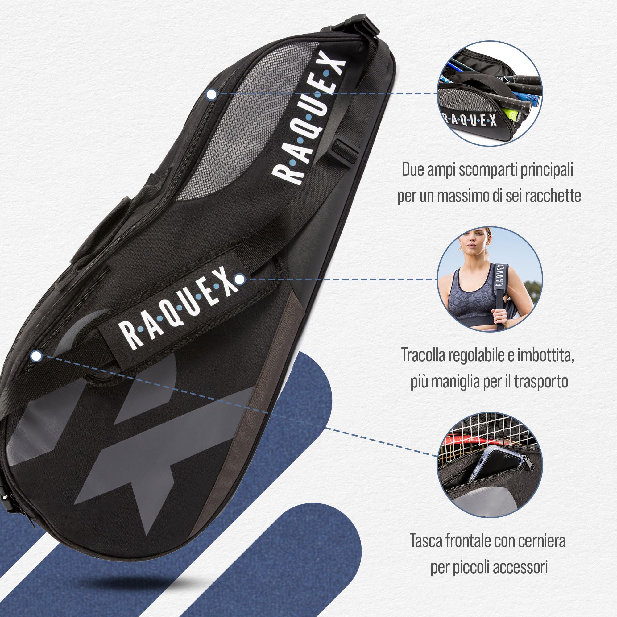 Raquex Borsa da Tennis – Borsa Racchette per Tennis, Badminton e Squash. Blu, Nero o Magenta. Borsa da Badminton, può contenere fino a 6 racchette + accessori + scarpe da ginnastica