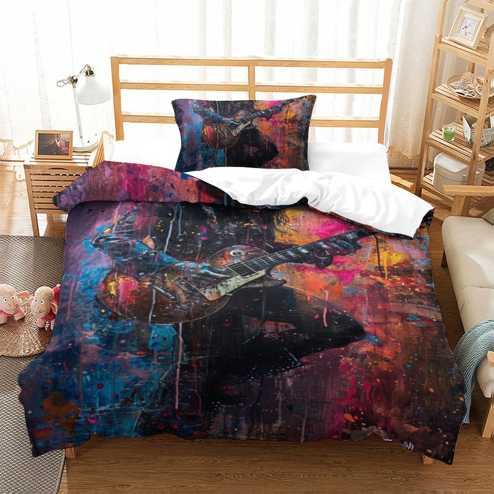 Housse de couette guitare 3D microfibre douce lit simple 135x200cm avec sa taie d'oreiller