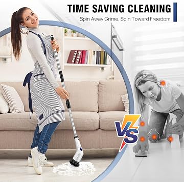 Electric Spin Scrubber,9 in 1 Electric Cleaning Brush with Extension Handle and 9 Replaceable Brush Heads,Power Scrubber 2 Speeds, electric scrubber suitable for Tub Shower Tile Floor, cars