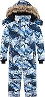 AFILOK Kids Waterproof Snowsuit Overalls Ski Jumpsuit Boys Girls Winter One Piece Snowboard Suit with Removable Hood