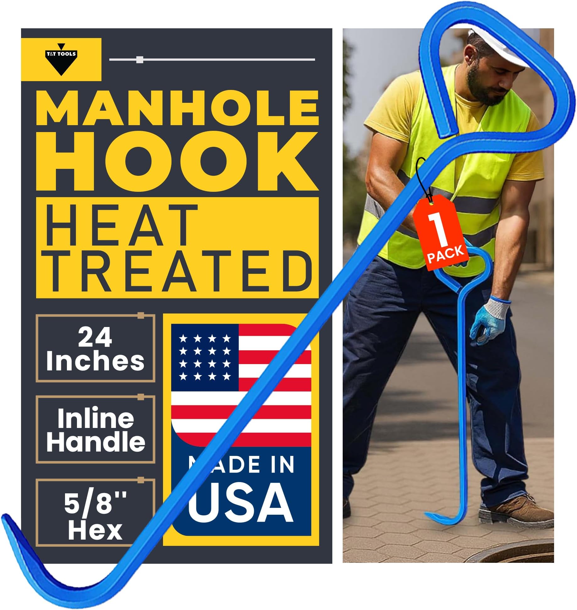 T&T Tools 24-Inch Manhole Cover Hook Tool, 5/8" Hex Alloy Steel Single Hook, Heavy Duty Lifting Manhole Covers, Septic Tank Risers, Grates, Storm Drains, Pallet Pulling, Bright Blue Finish, 1 Pack