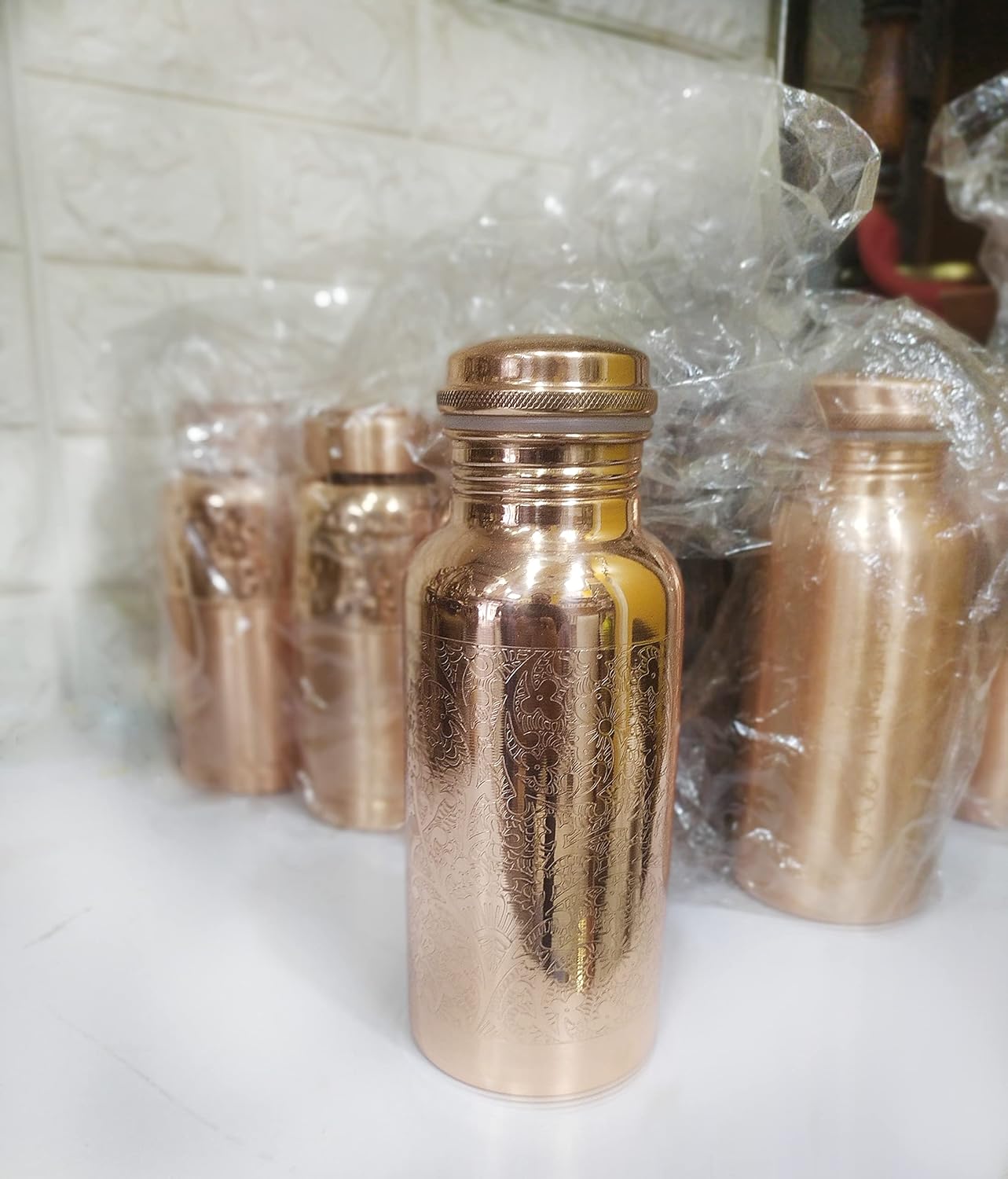Pure Copper Embossed Water Bottle 17 Oz with Lid Ayurvedic Water Bottle Copper Water Vessel Small Leak Proof Seamless Finish