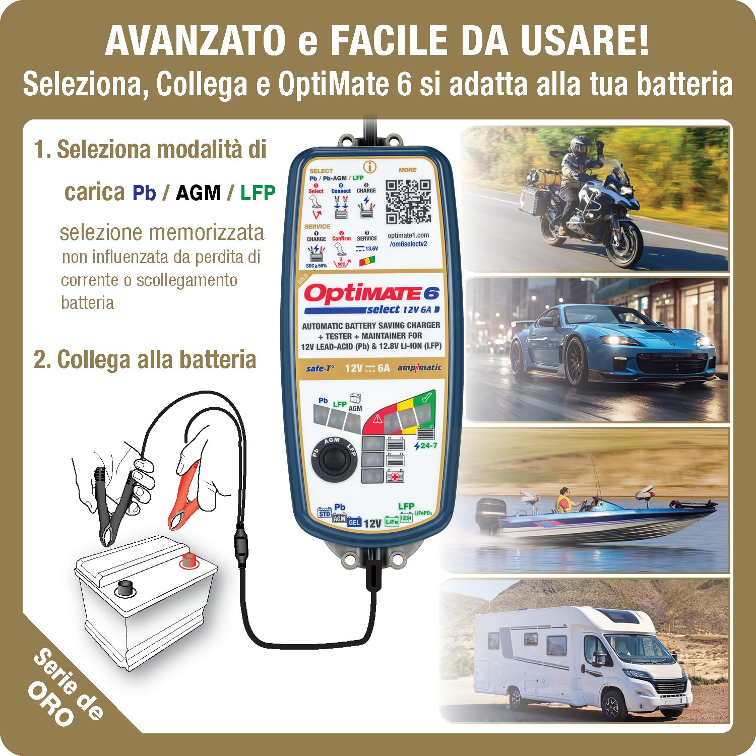 OptiMate Caricabatterie 6 Select V2 12 V 6A – Caricabatterie intelligente a 9 fasi e supporto per batterie AGM, GEL, STD, EFB e Lithium LiFePO4 – Ripristina le batterie a scarica profonda da 0,5 V