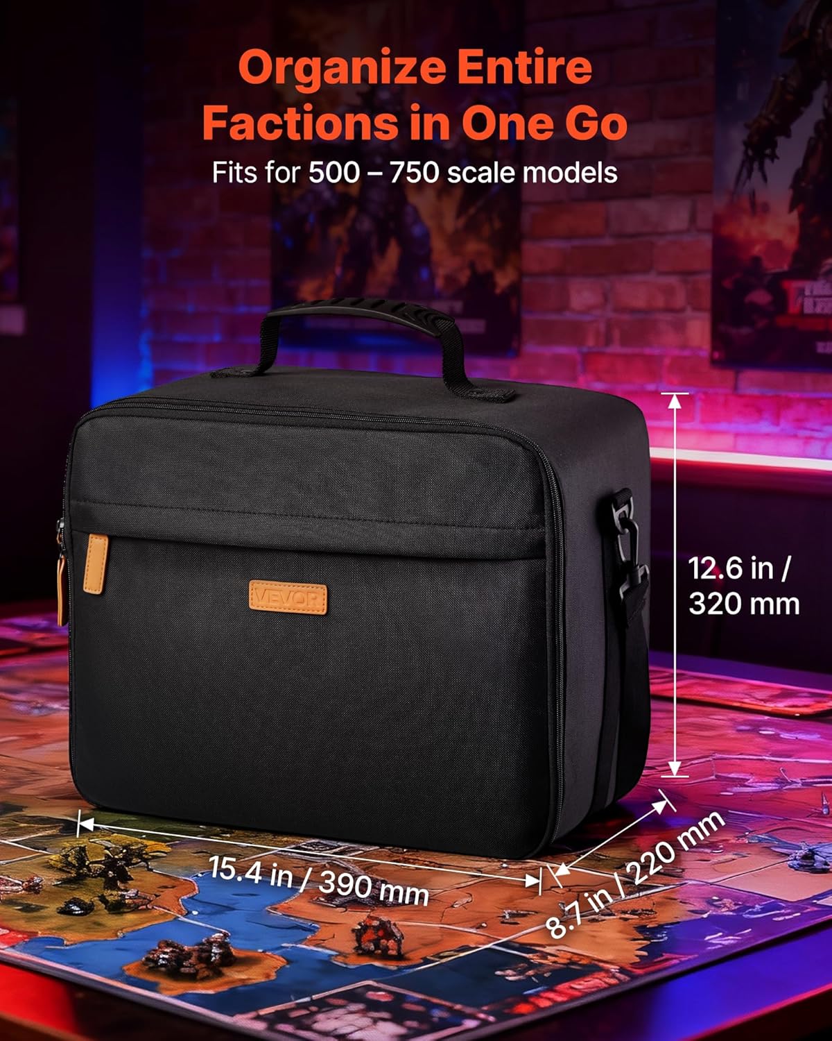 VEVOR Miniature Storage Carrying Figure Bag, Fits for 1:500-1:750 Scale Models, Miniature Transport Bag with Adjustable Shoulder Strap, 3 Foam Layers for Large Storage Capacity (Minis Not Included)