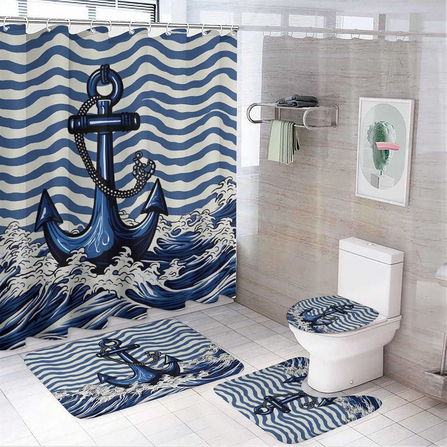 Anchor, Shower Curtain Sets with Rugs 4 Piece, Decor for Bathroom Toilet Bathroom Mat,3D Print,Nautical Theme Navy Blue Corrugated Waves Polyester Fabric 4 Pcs Set