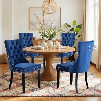 Velvet Dining Chair Set of 4 Upholstered Tufted Dining Room Chair with Nailhead Trim and Solid Wood Legs for Kitchen, Restaurant,Blue