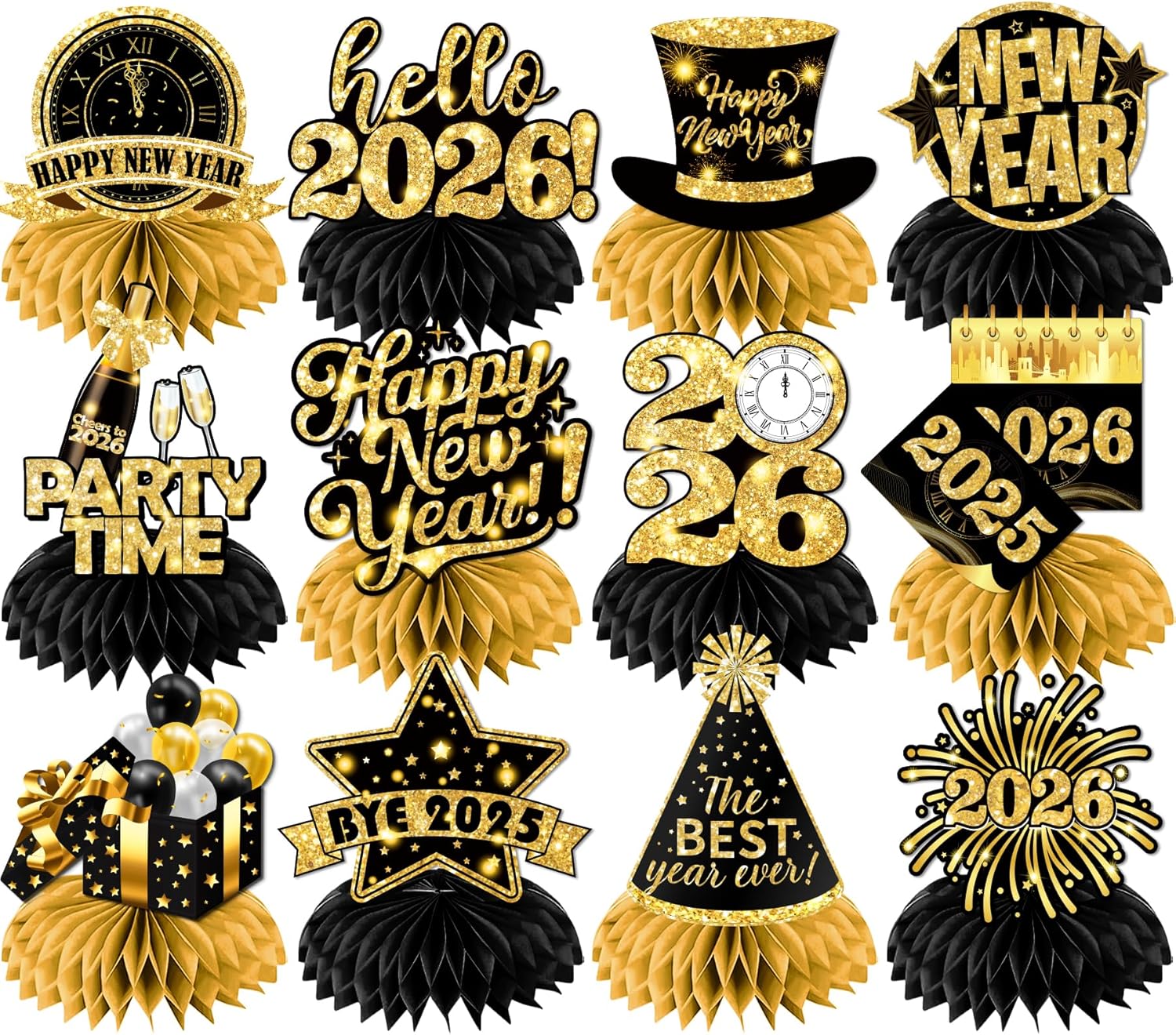 9Pcs New Years Decorations 2026 Honeycomb Centerpieces, Black and Gold New Years Centerpieces for Tables New Years Eve Table Decorations for 2026 New Years Eve Party Supplies