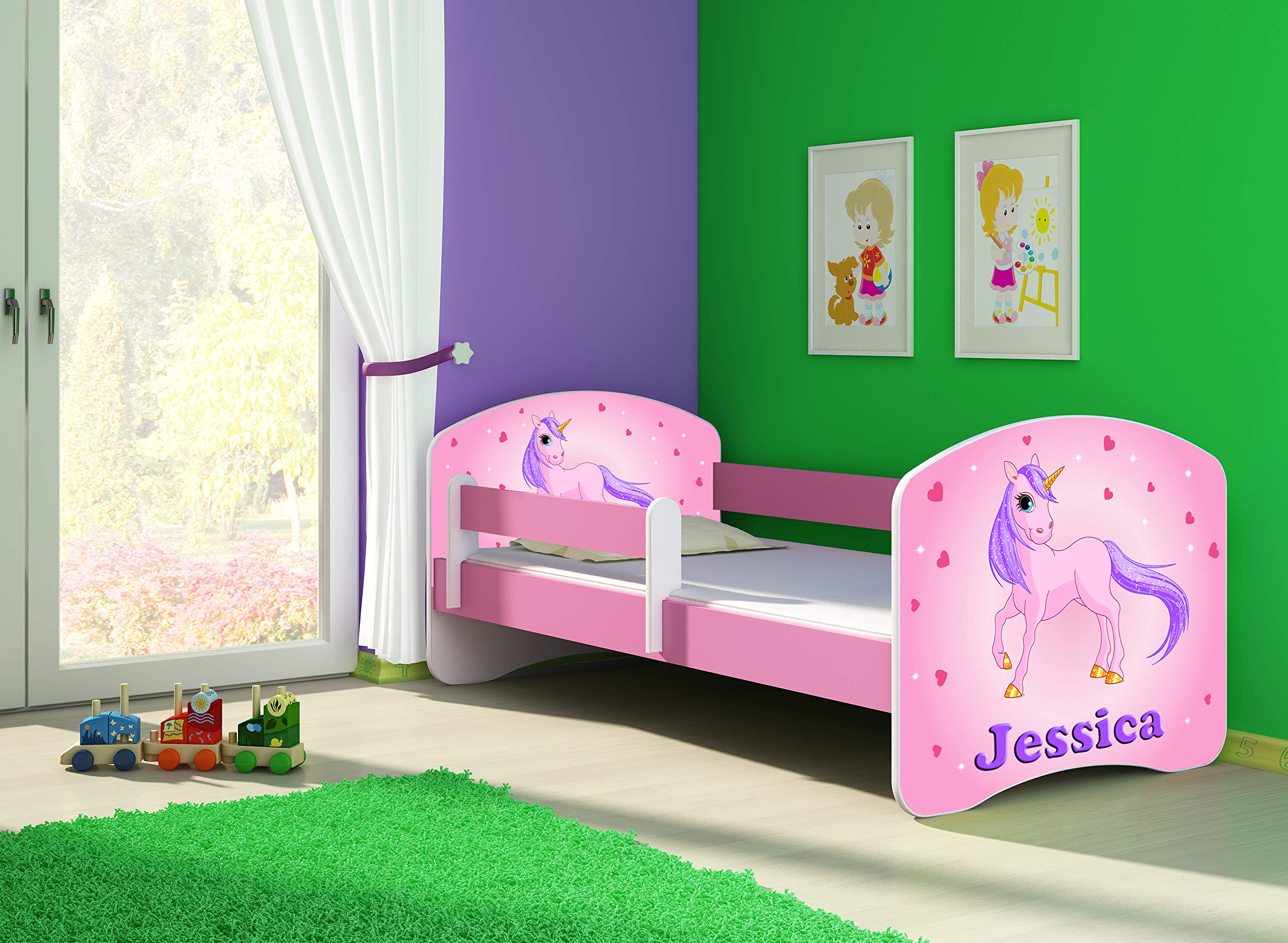 ACMA Kinderbett 80 x 160 cm mit Matratze & Lattenrost – Jugendbett mit Rausfallschutz, personalisiertes Motiv 17 Pony - Rosa, Mädchenbett ab 3 Jahren, belastbar bis 120 kg