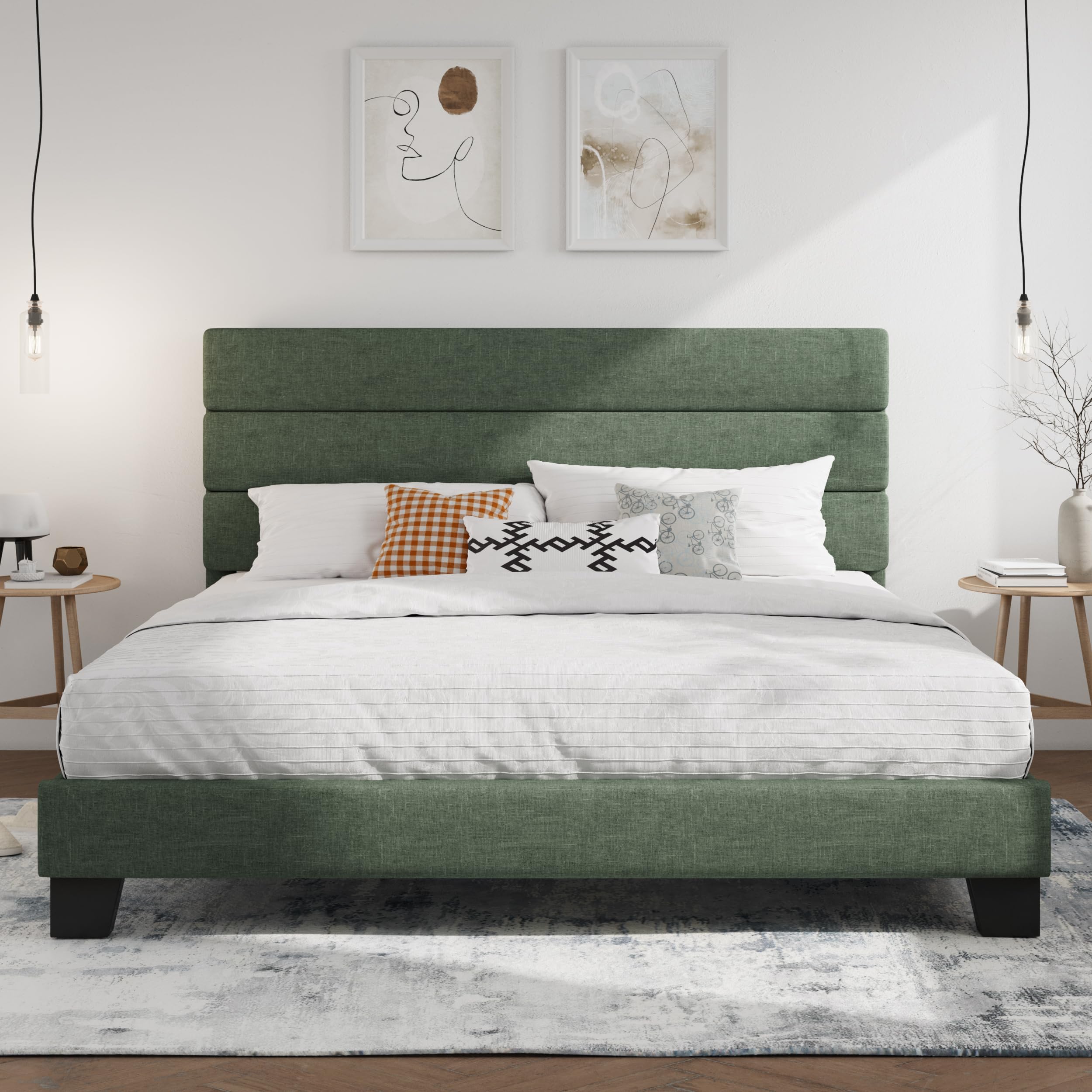 SHA CERLIN King Platform Bed Frame with Upholstered Fabric Headboard, Green
