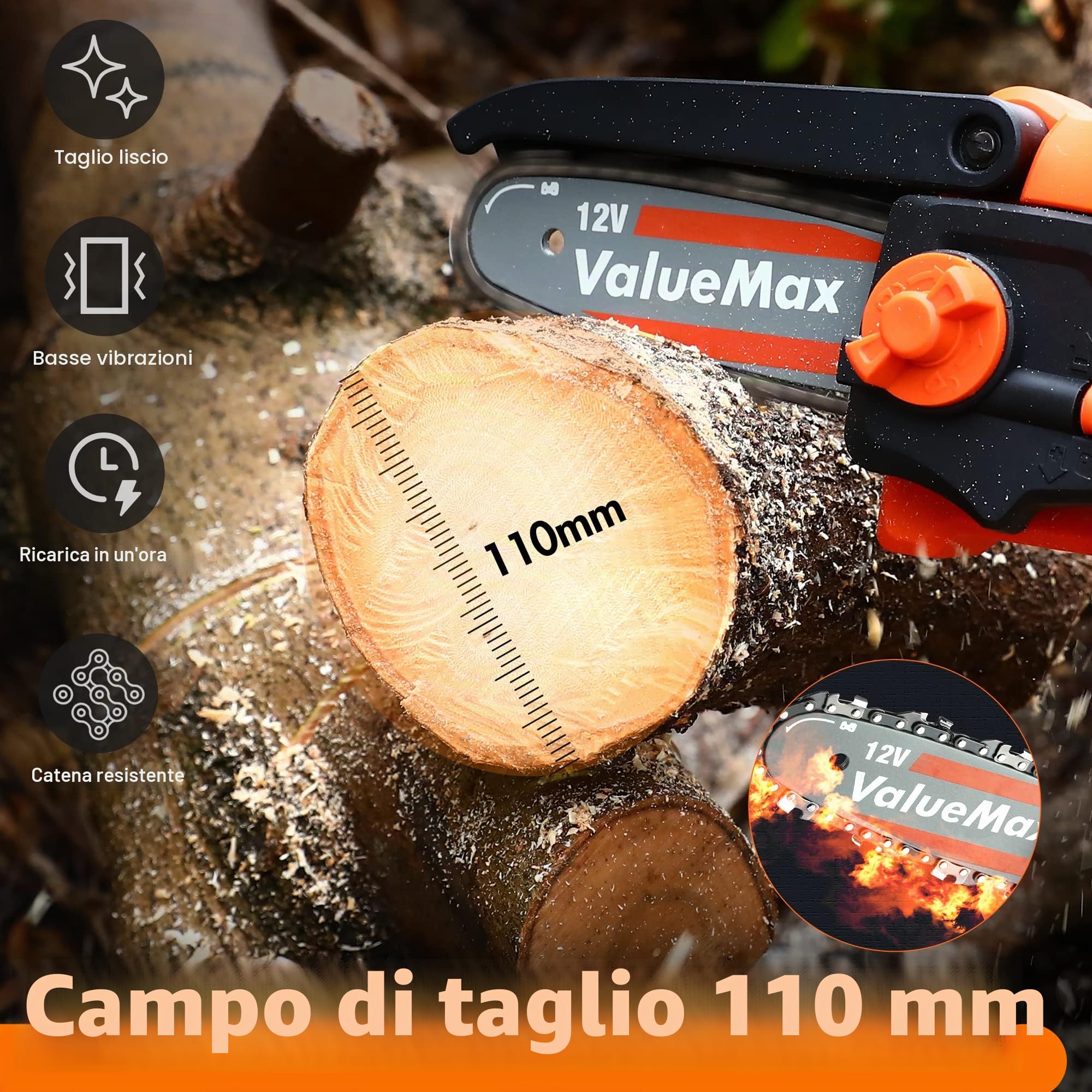 ValueMax Mini Motosega a Batteria 12V, Motosega Elettrica Portatile Senza Filo 11cm (4 Pollici), Sega per Potatura con Caricatore, 2 Batterie da 2,0Ah e Custodia in Plastica Portatile