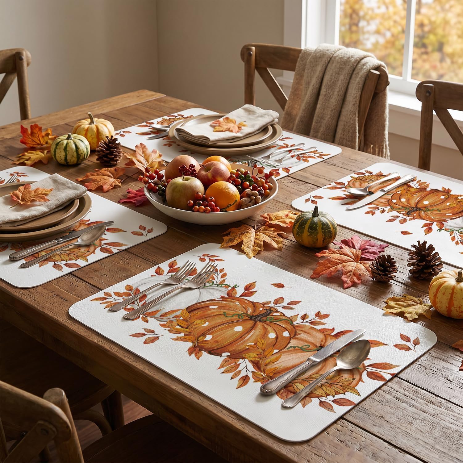 Artoid Mode Pumpkins Leaves Fall Faux Leather Placemats Set of 4, 12x18 Inch Waterproof Wipeable Heat Resistant Vinyl Place Mats，Table Mats for Party Kitchen Dining Decor