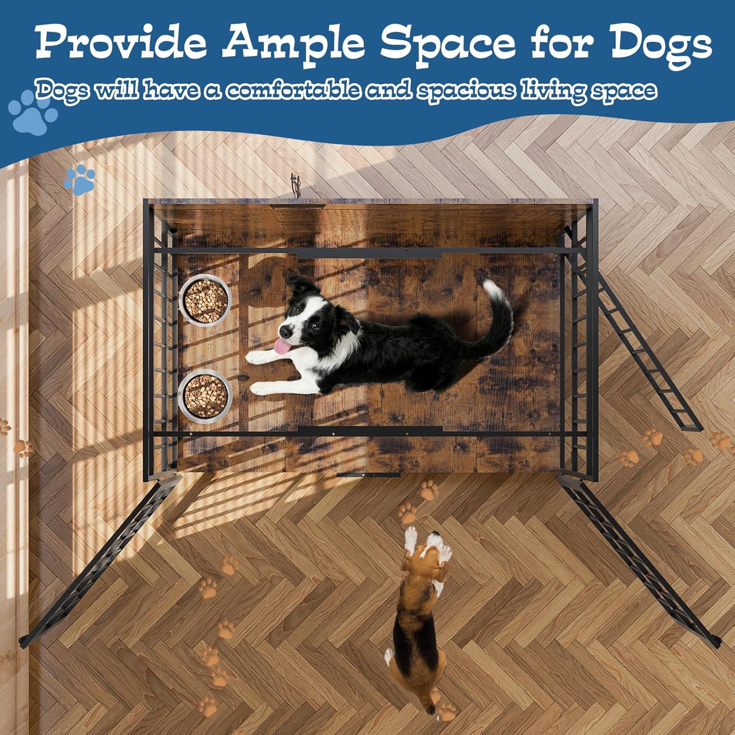 Grepatio 48" Dog Crate Furniture for Large Dogs, Wooden Dog Kennel with 360° Rotating Feeder Bowls and 3 Doors, Indoor Dogs Crates with USB Charging Station, Heavy Duty Medium Dog Cage