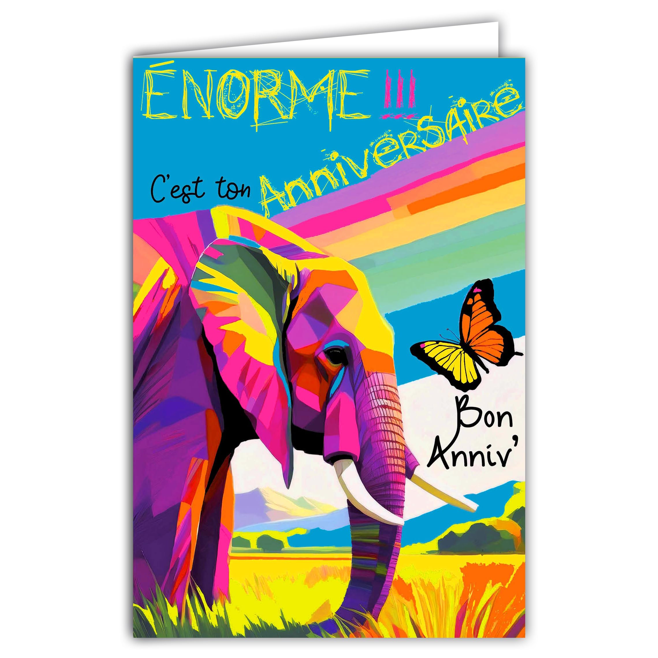 69-8163 Happy Birthday Card Elephant It's Huge Rainbow Butterfly Pop Art Multicoloured Animal Landscape Africa with White Envelope 12 x 17.5 cm Made in France
