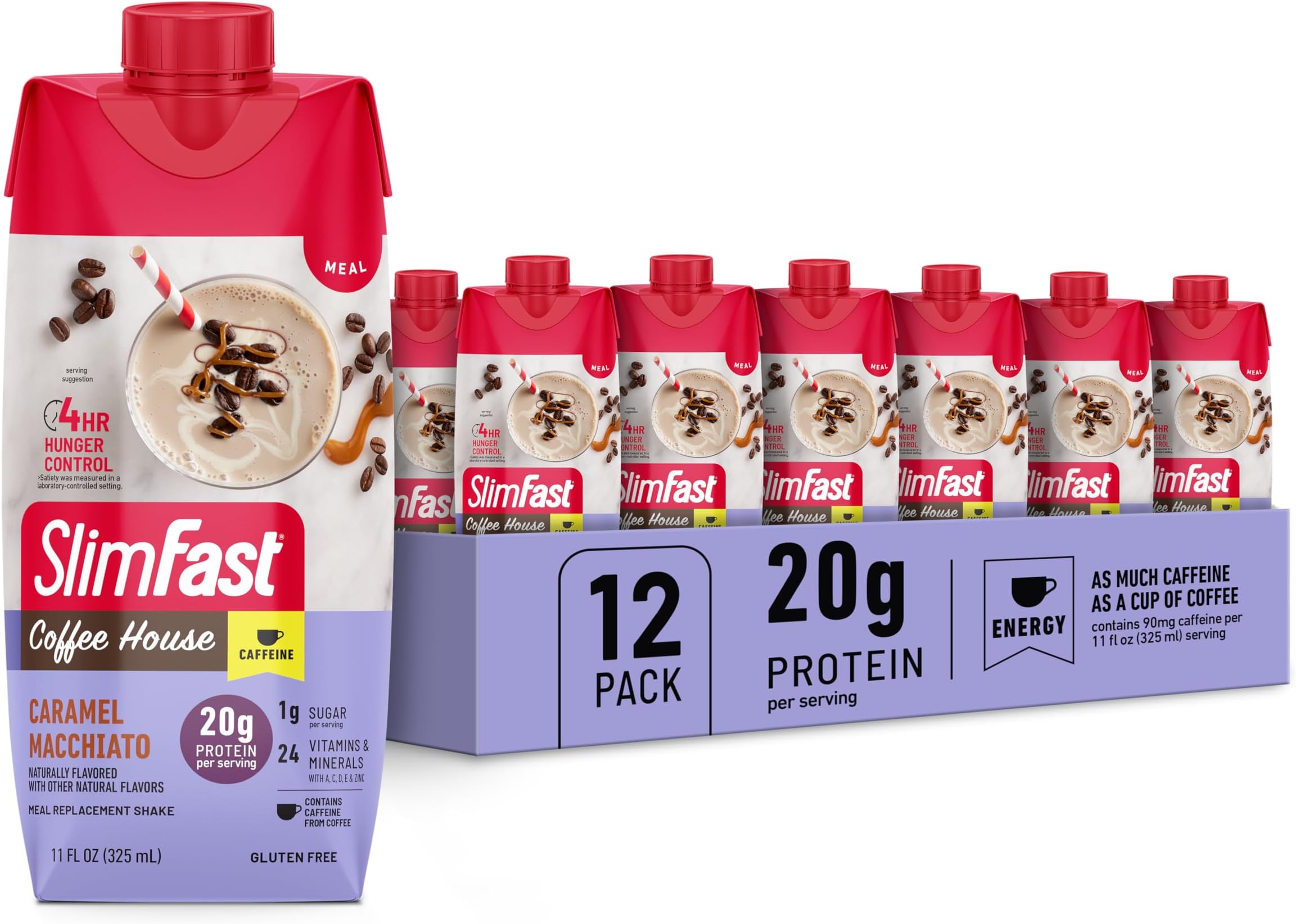 Protein Shake with Caffeine, Caramel Macchiato- 20g Protein, Meal Replacement Shakes, High Protein with Low Carb and Low Sugar, 24 Vitamins and Minerals, 12 Count (Pack of 1)