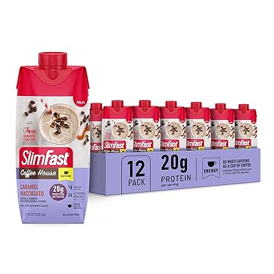 SlimFast Protein Shake with Caffeine, Caramel Macchiato- 20g Protein, Meal Replacement Shakes, High Protein with Low Carb and Low Sugar, 24 Vitamins and Minerals, 12 Count (Pack of 1)