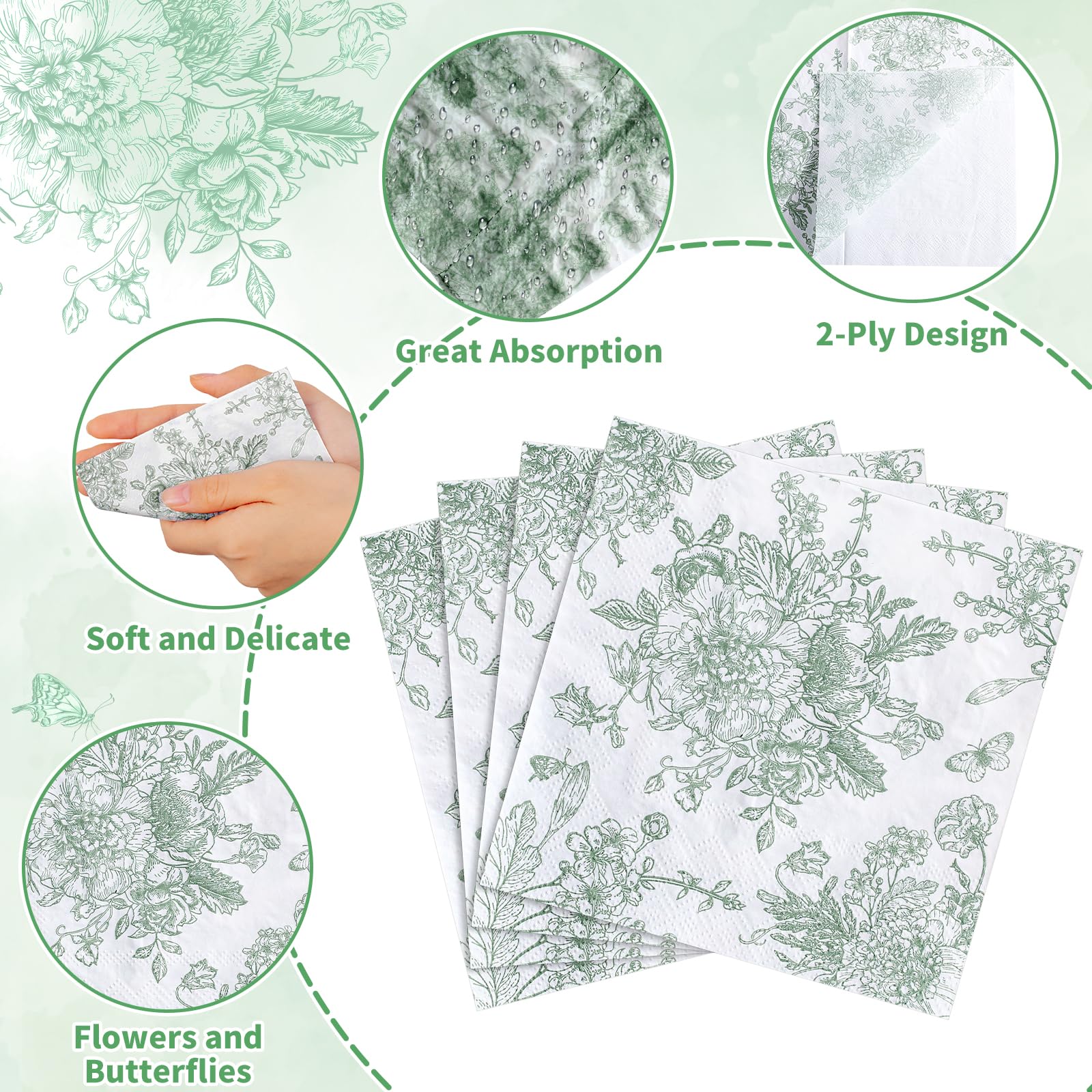 NatNarr 100 servilletas florales verde salvia, servilletas de Toile verde y blanco, diseño vintage de flores y mariposas, servilletas de decoupage para novia, baby shower, boda, fiesta de té, 5 x 5