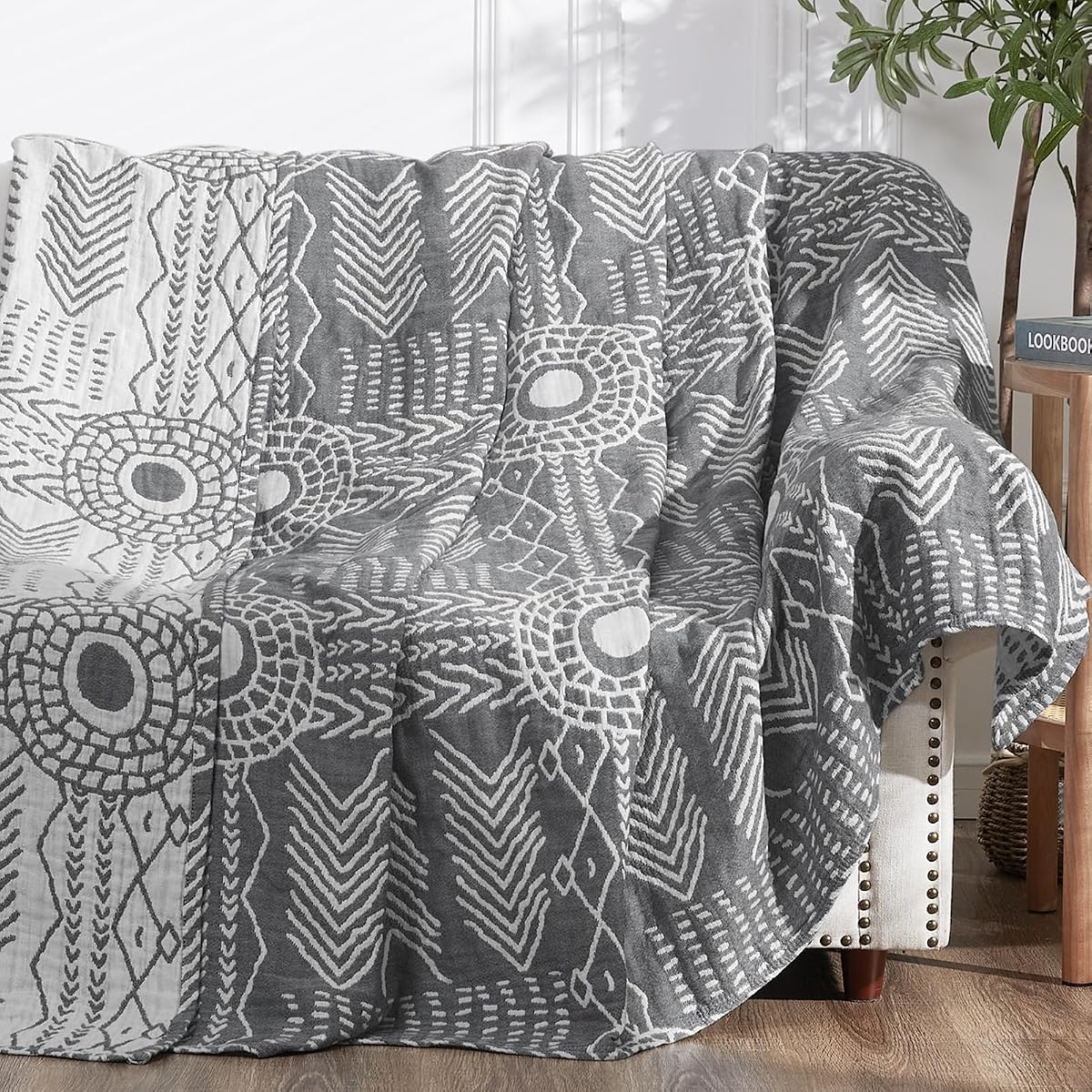 100% Cotton Muslin Blanket Twin Boho Throw Blanket 50x60 Gray | 3-Layer, Tribal Geometric Quilt, Cooling Breathable Lightweight, for Adult, Soft, Reversible, Summer, Couch, Sofa, Bedroom
