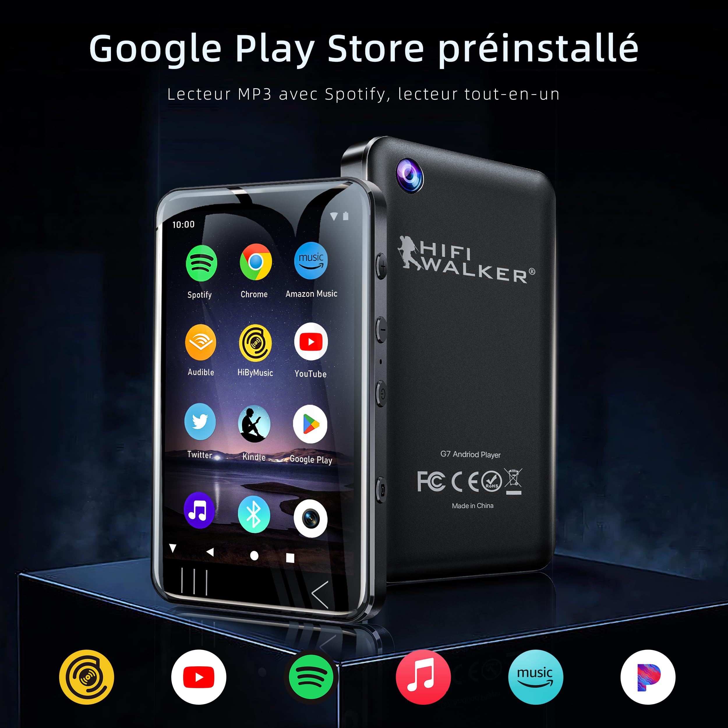 HIFI WALKER G7 Baladeur MP3/MP4 Android 13 avec Bluetooth et WiFi, 144 Go de Stockage, écran Tactile HD 4", Haut-Parleur, BL