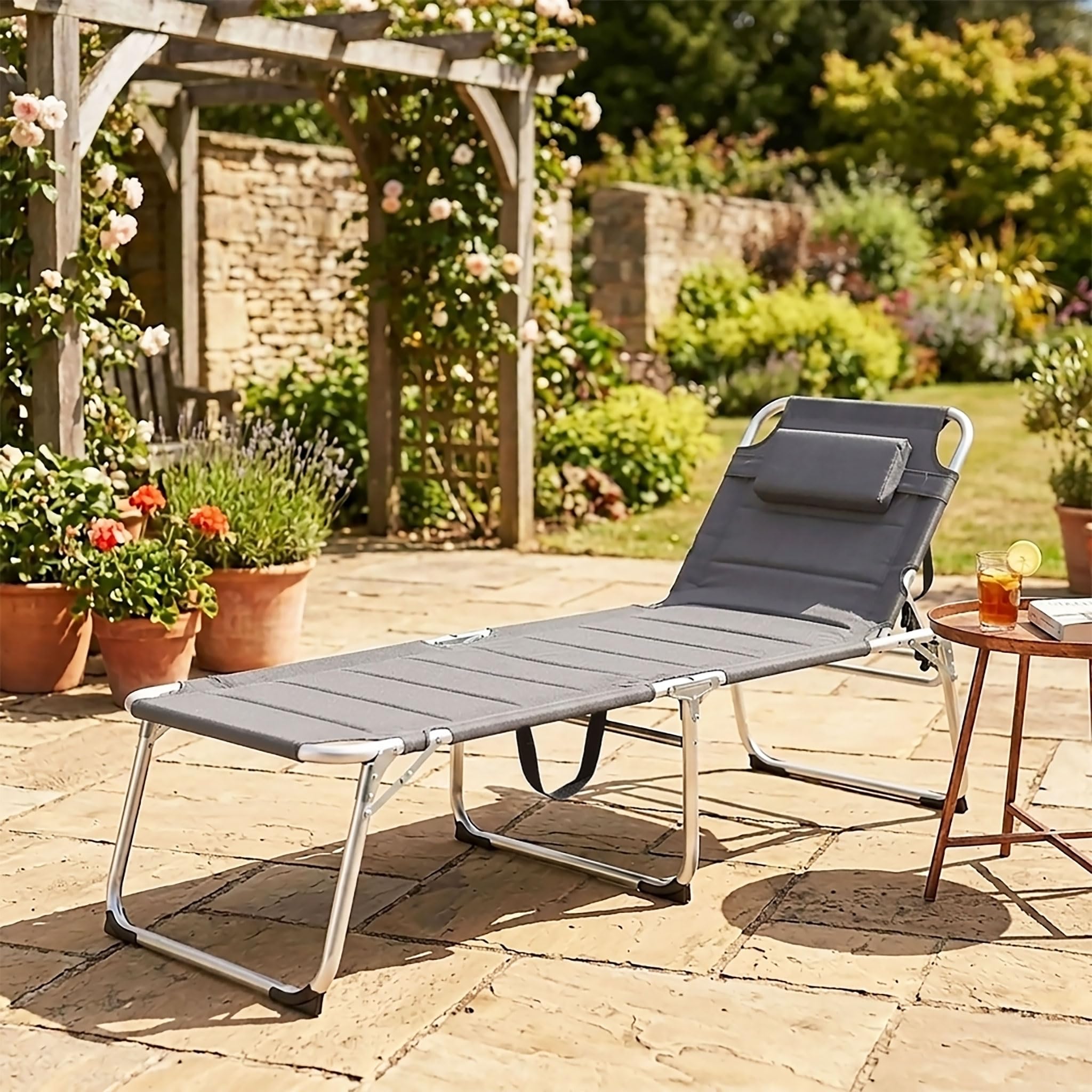 Spetebo Aluminium Gartenliege XXL Grau - 200 x 70 cm - mit Kopfkissen | Sonnenliege gepolstert,Liegefläche 199x70 cm, Belastbar bis 150 Kg