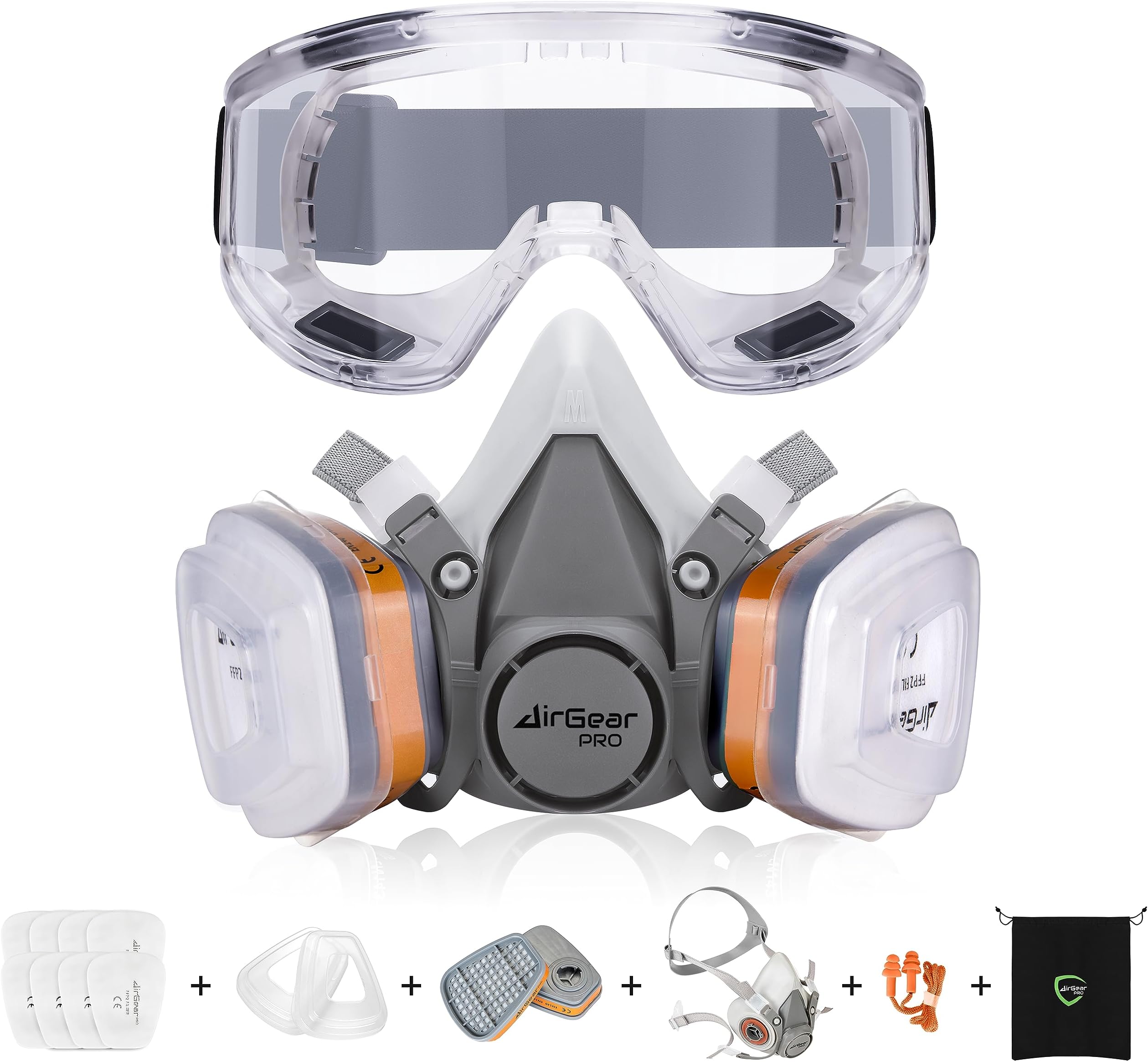 AirGearPro G-500 Reusable Respirator Mask with A1P2 Filters and Safety Goggles | Anti-Dust Gas mask Ideal for Spray painting, Sanding, Pesticide spraying, Building work, Chemical, Military and more.