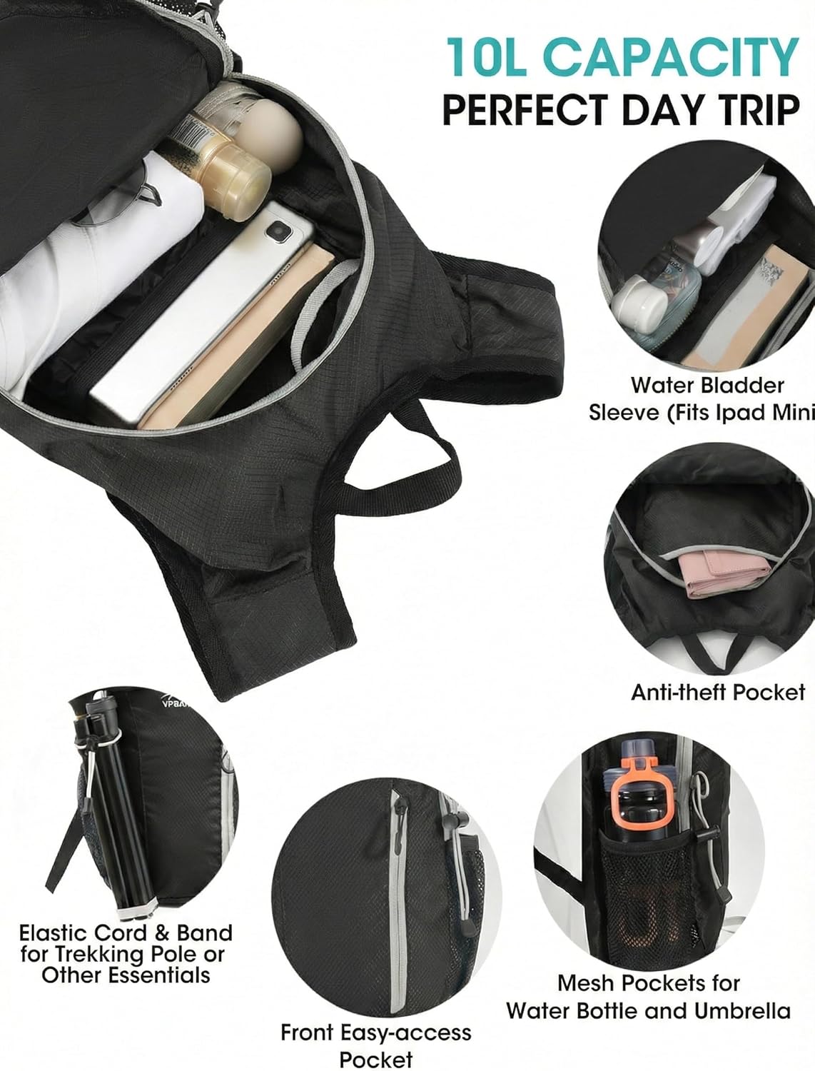 Foldable Small Hiking Backpack with 3 Strap Pockets – Lightweight 300D Spill-proof Daypack for Men Women – Packable Small Travel Backpack with Chest Strap & Trekking Pole Holder – Durable Outdoor Bag - Image 4